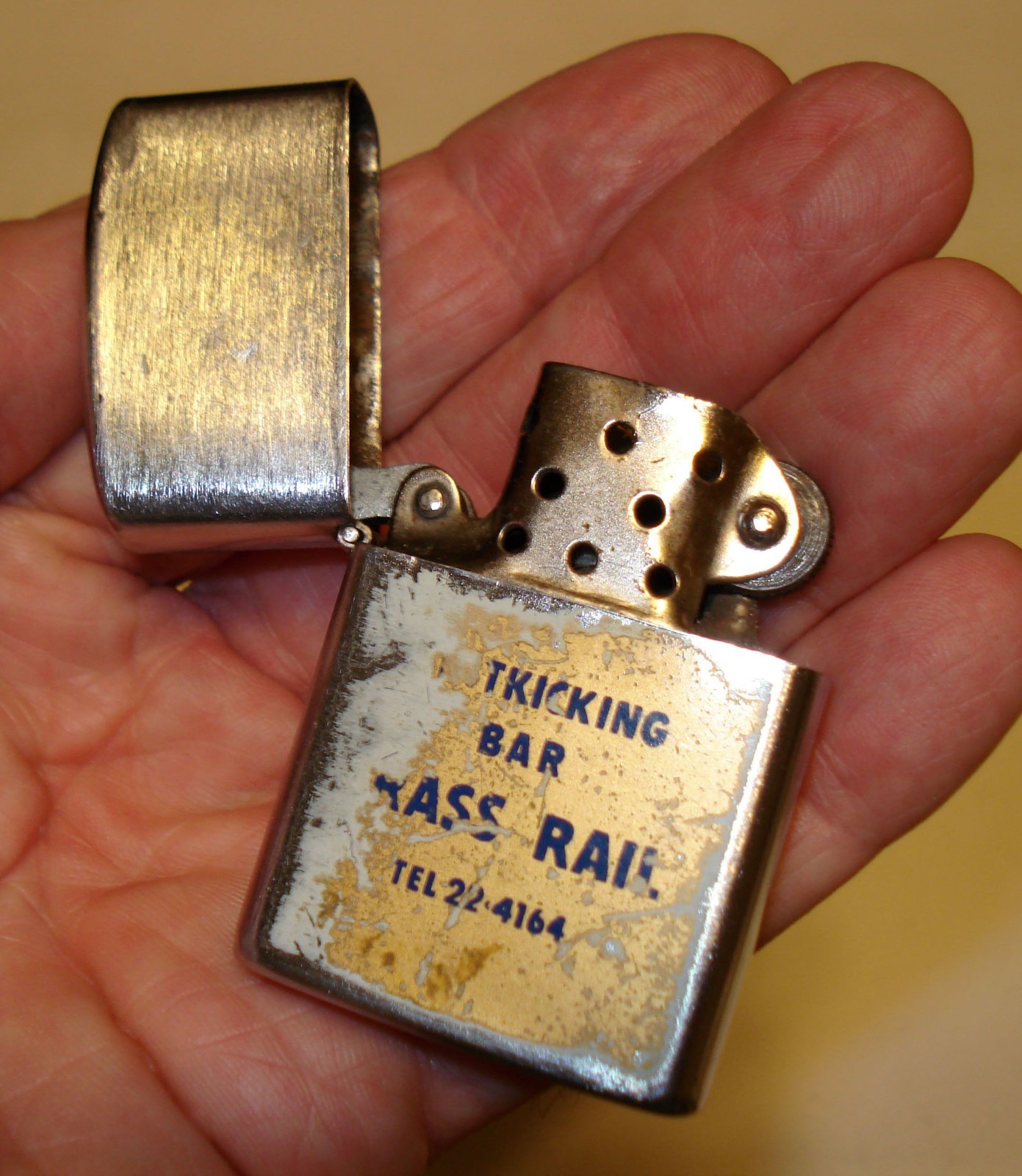 Vtg Brass Rail -Butt Kicking Bar Lighter Petrol Tel 22-4164 Hadson Made In Japan