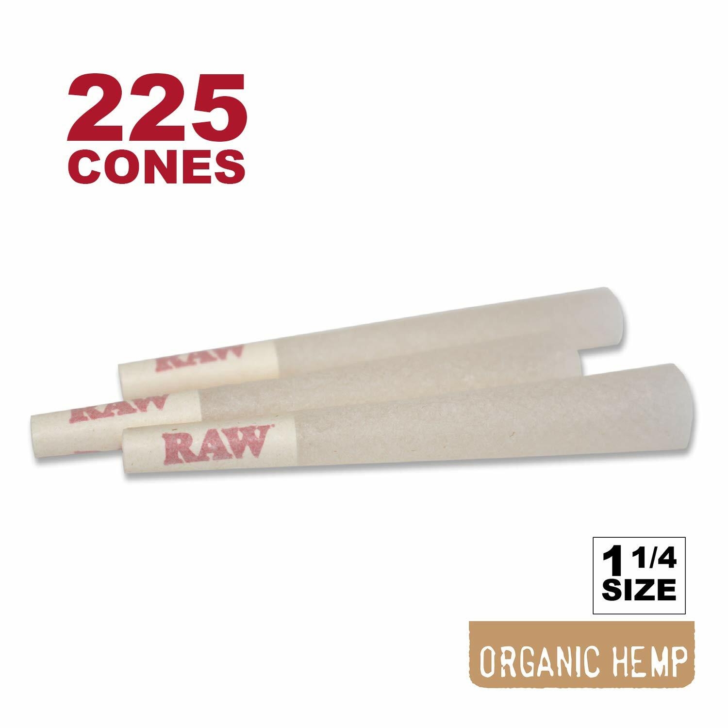 RAW 225 Organic 1 1/4 Cones – Pure Hemp 1.25 84mm Pre-Rolled, 26mm Filter Tips