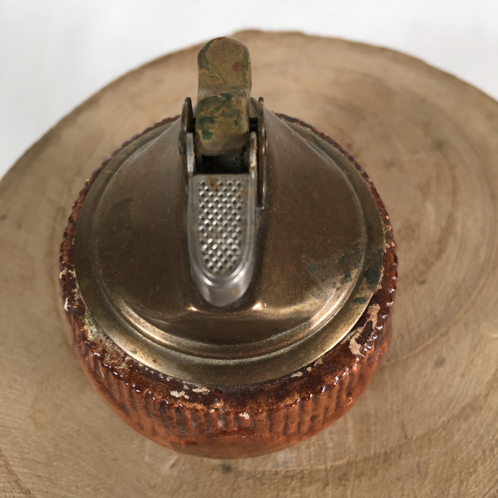 Vintage Brass & Wood Hand Carved Ornate Tabletop Cigarette Lighter