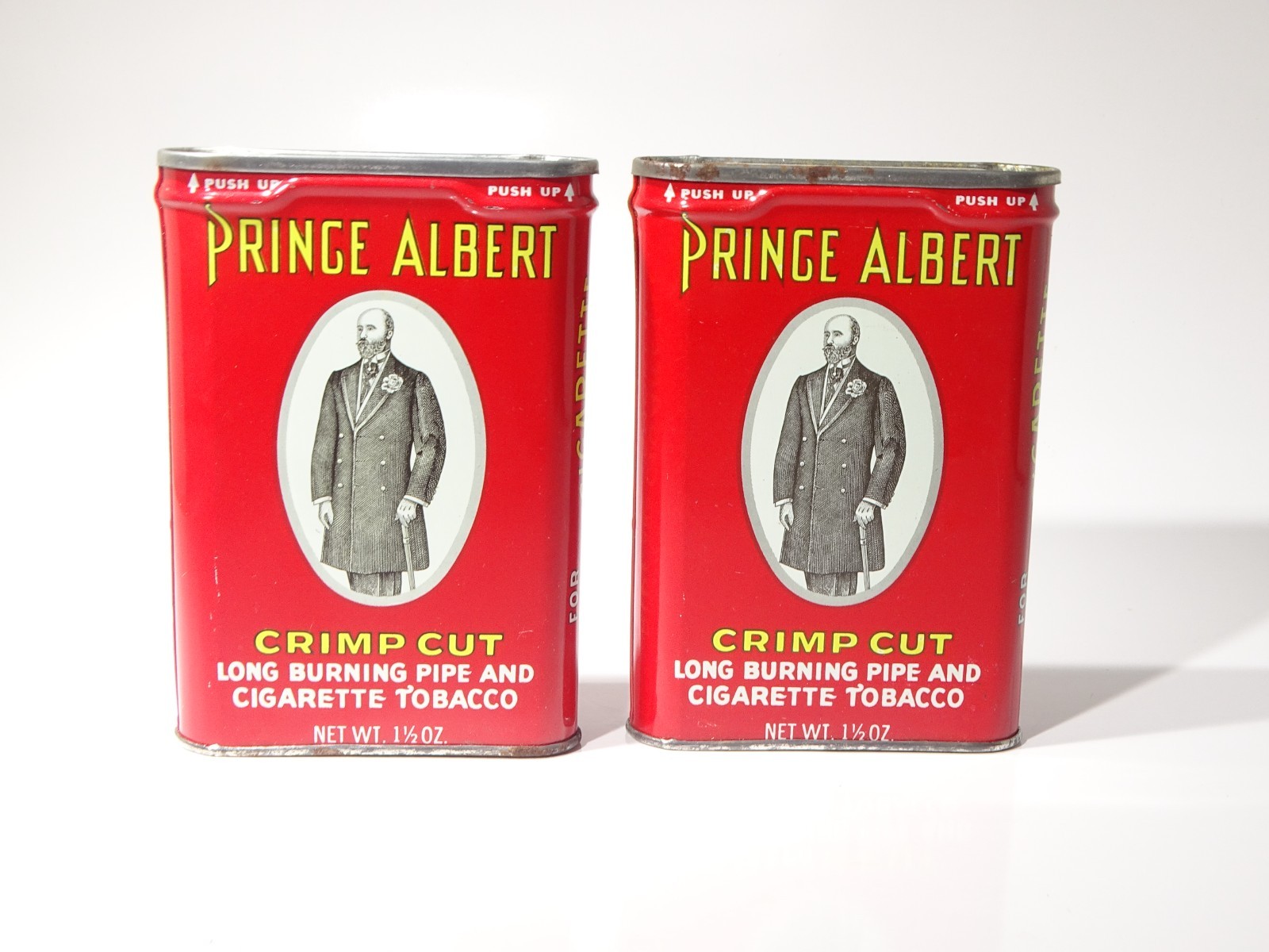 💥Two Vintage Prince Albert Crimp Cut Pipe & Cigarette Tobacco Empty TINS ~USED