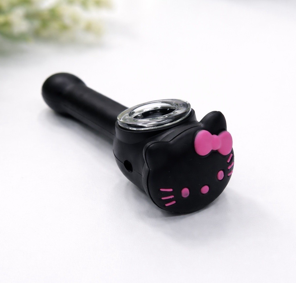 BLACK HELLO KITTY SILICONE SMOKING PIPE W/ GLASS BOWL | USA SELLER