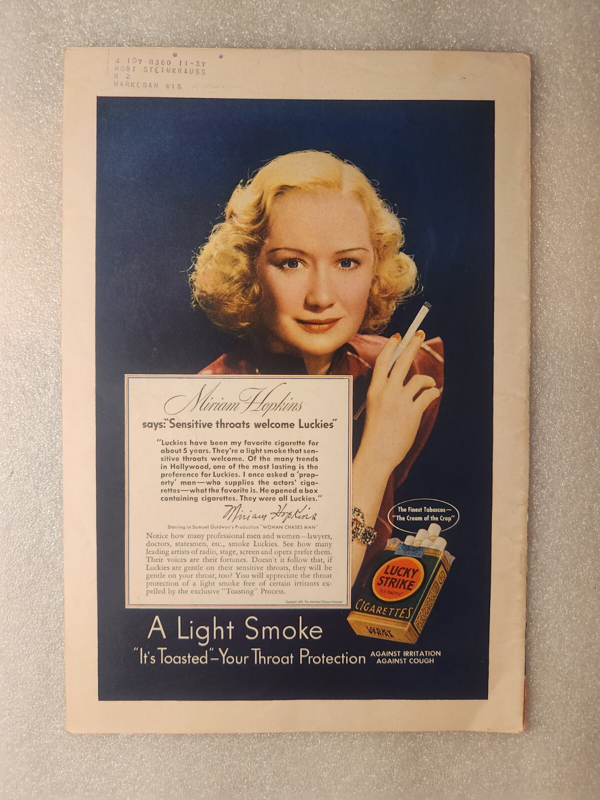 July 1937 Lucky Strike Cigarettes Miriam Hopkins, Mobiloil, Standard Oil Ads