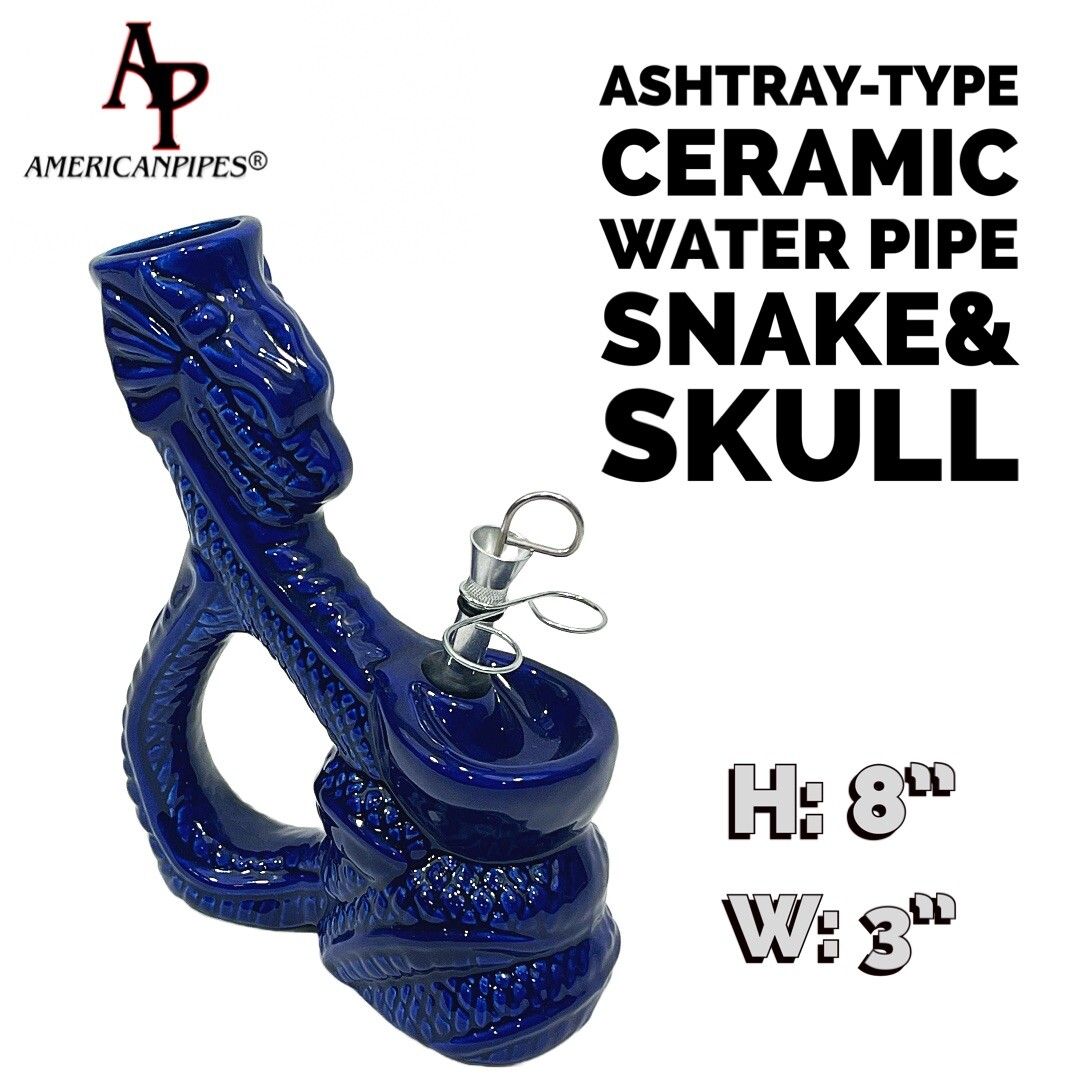 SNAKE & SKULL INHALE®️8″ CERAMIC WATER PIPE WITH A PULL STEM MADE IN THE USA