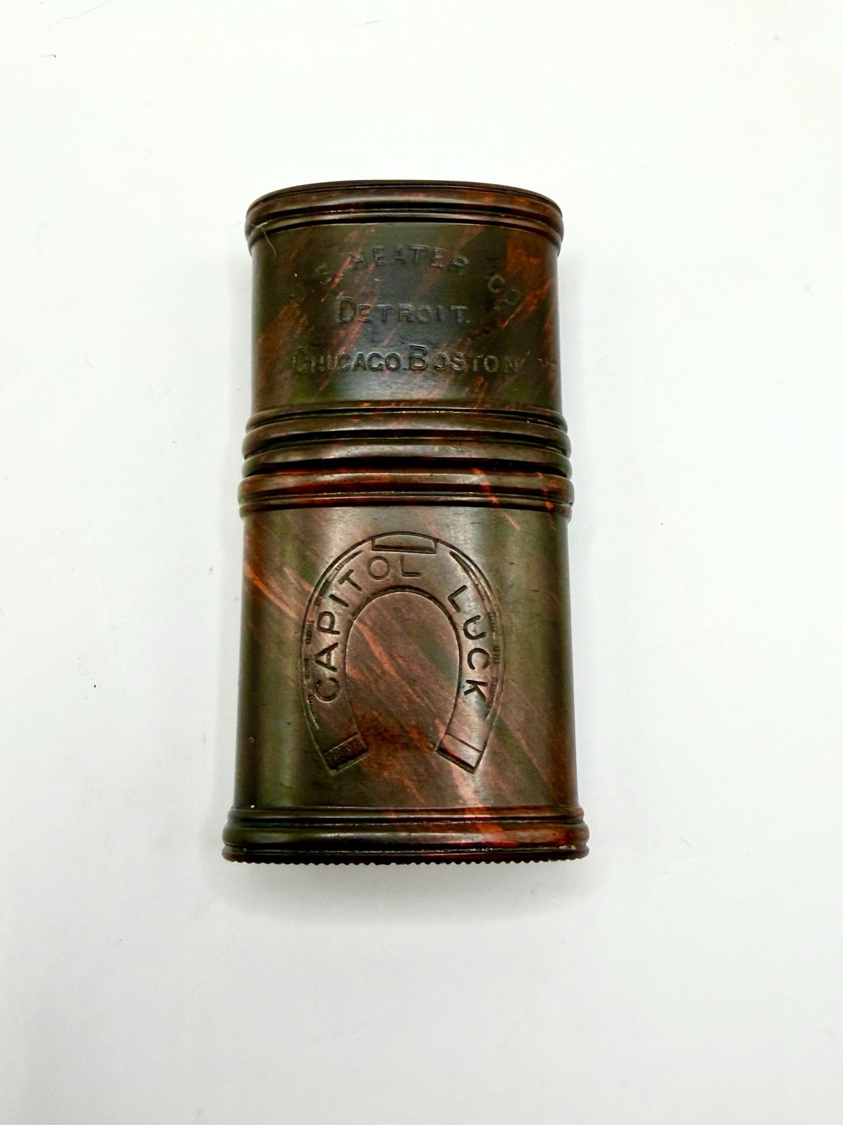 Antique Advertising Swirl Bakelite Celluloid US HEATER CAPITOL LUCK HORSE SHOE