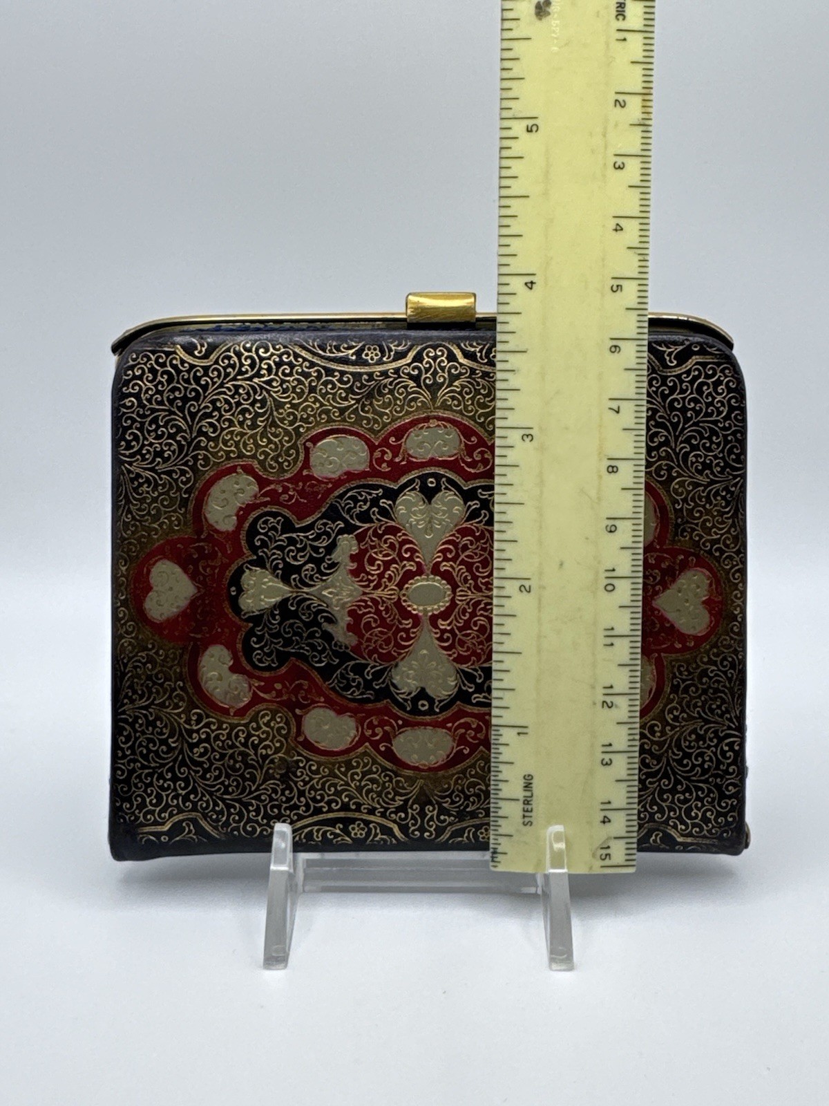 Vintage Leather Cloisonne Cigarette Case Wallet Blue Red Gold Floral Compact
