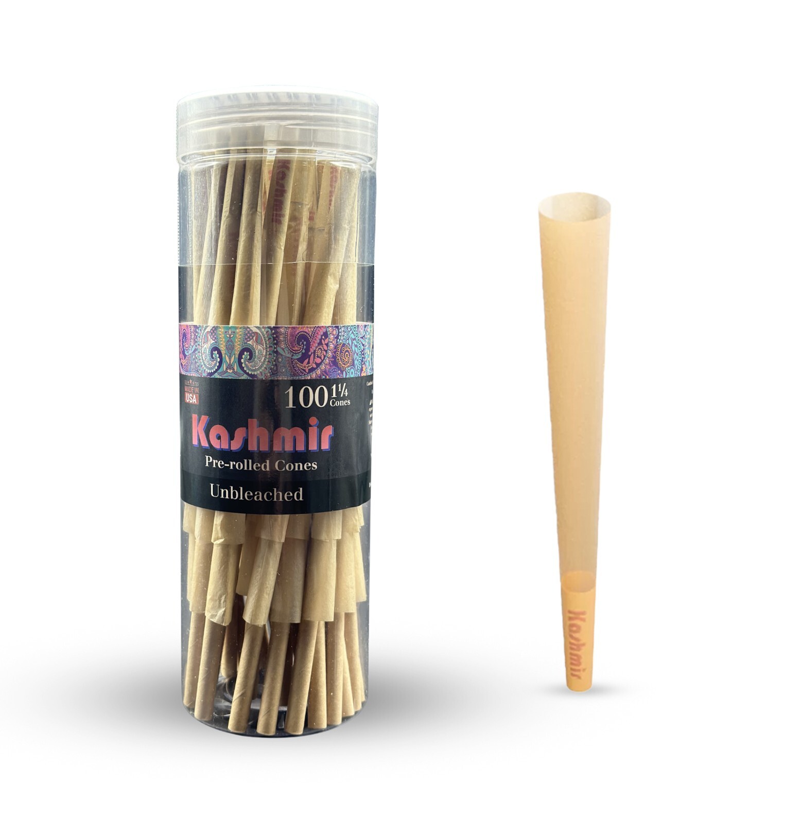 Kashmir Pre Rolled Cones 1 1/4 Size Unbleached Rolling Paper Cones Smooth 100 Ct