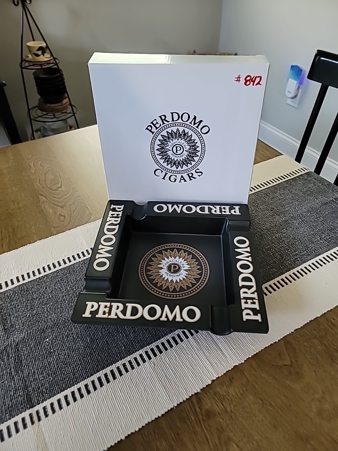 Perdomo Cigar Ashtray Black & Gold Logo Melamine 4 Finger Square 9.5″ W/Box