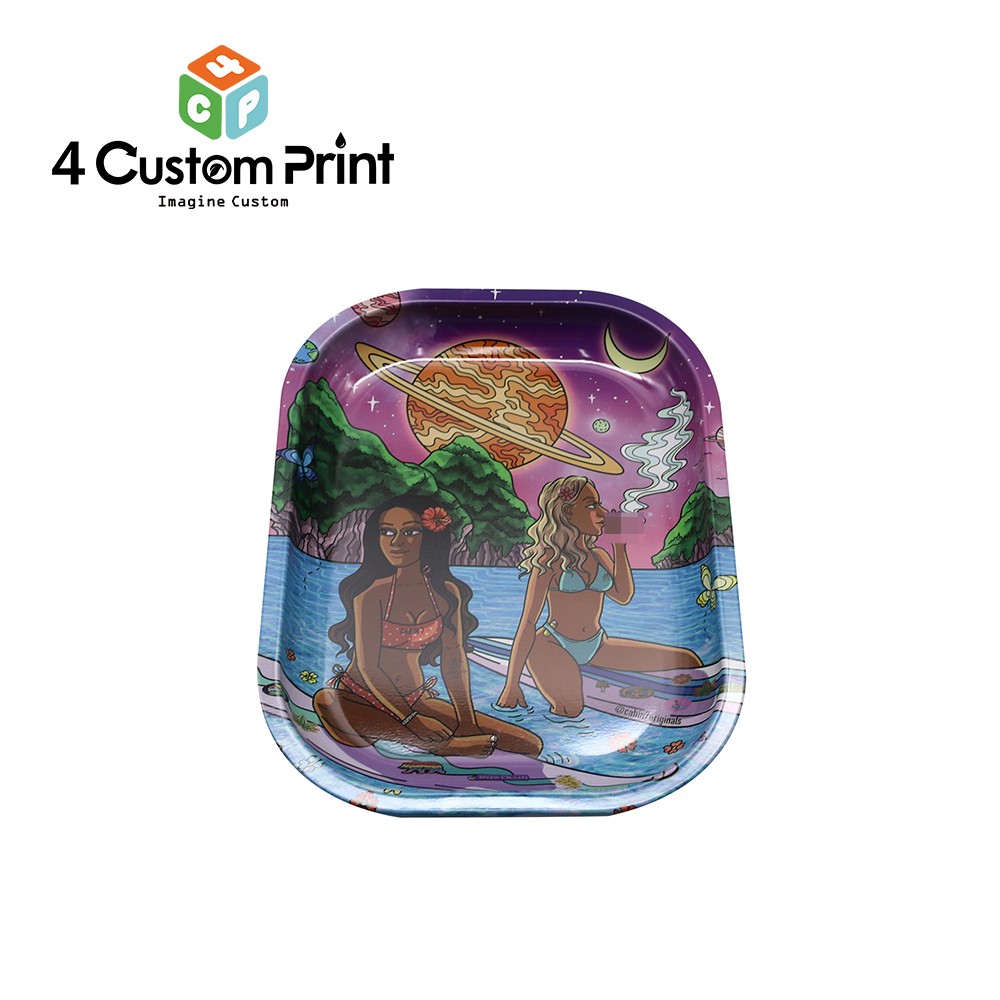 Retro Surfing Girl Metal Rolling Tray 18*14cm Spill Proof Tobacco Tray USA Stock