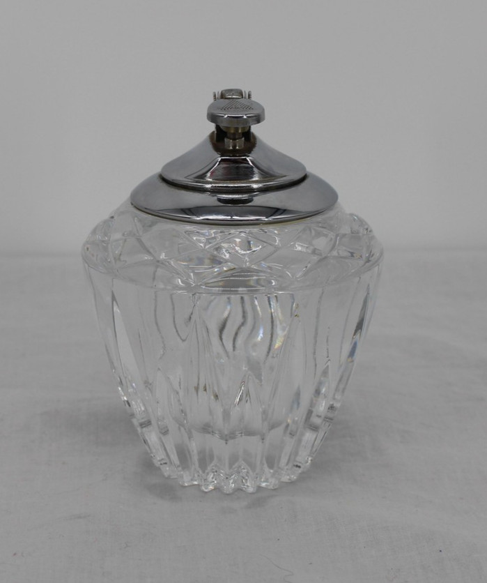 Vintage Cut Glass Table Cigarette Lighter Clear Crystal Chrome Top Decor Japan