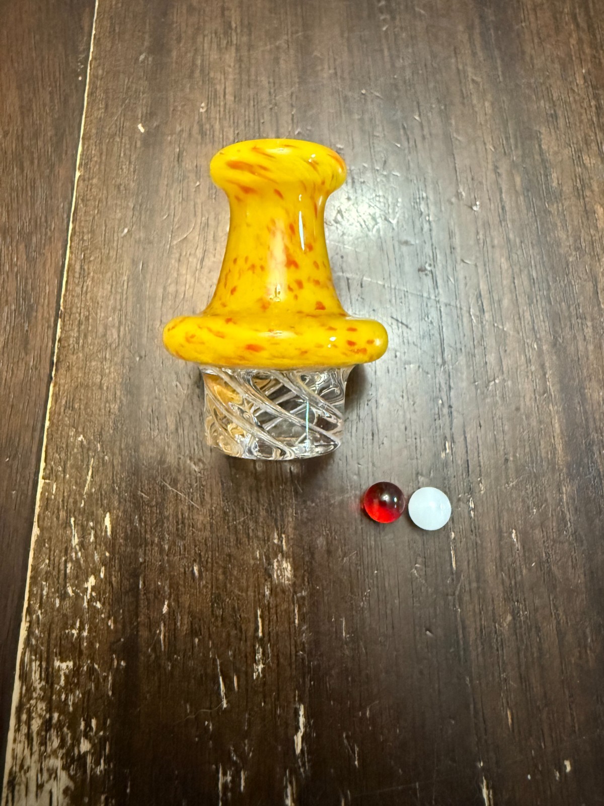 Glass Airflow Directional Spinner Bowl Cap Wide 25mm Yellow w/ Red & Glow Beads