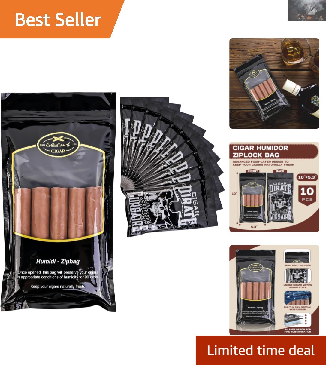 10 PCS Travel Humidor Cigar Bags – Ziplock, Moisture Control & Pirate Design