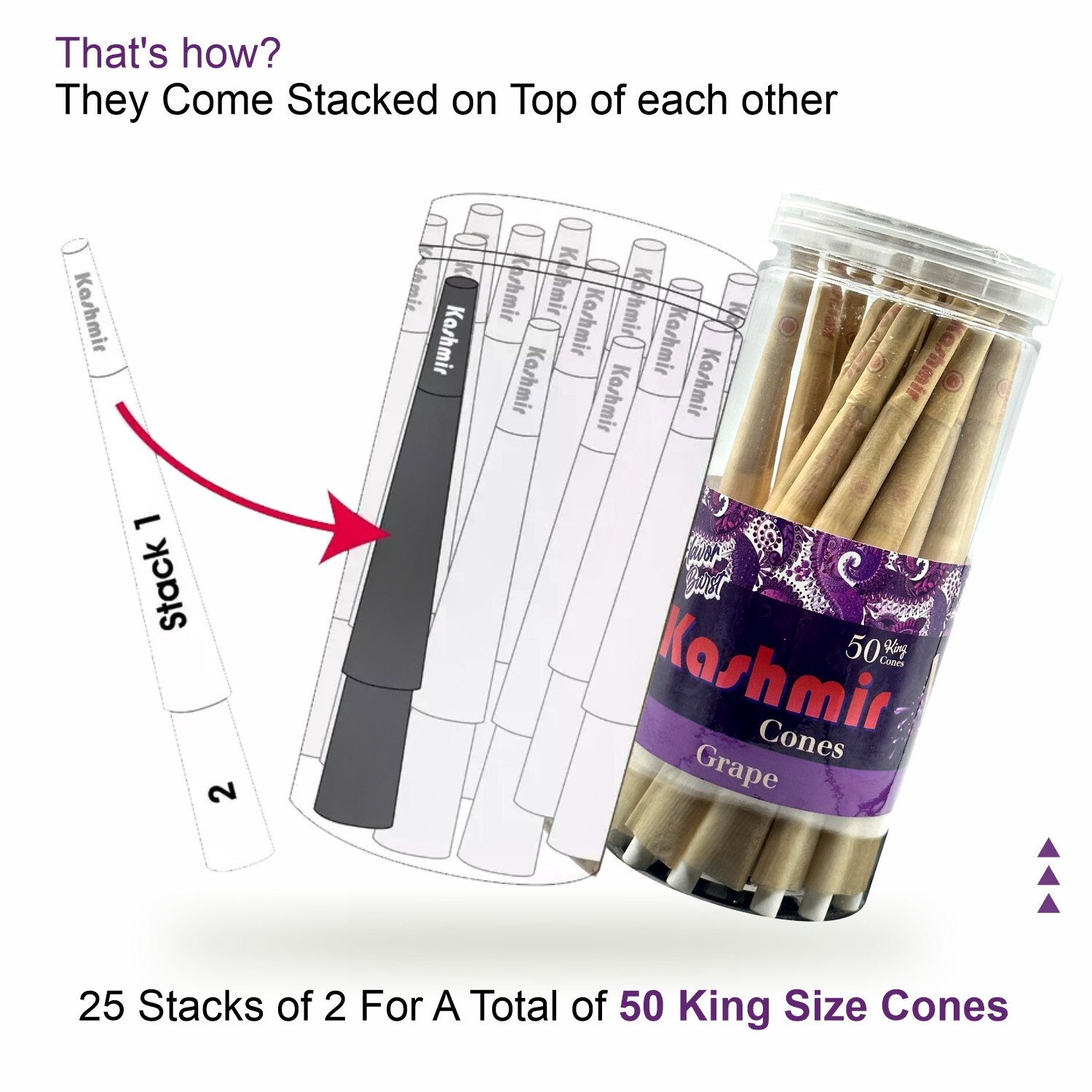 Pre Rolled Cones King Size Grape Flavored Rolled Paper Cone 50 Ct Jar by Kashmir
