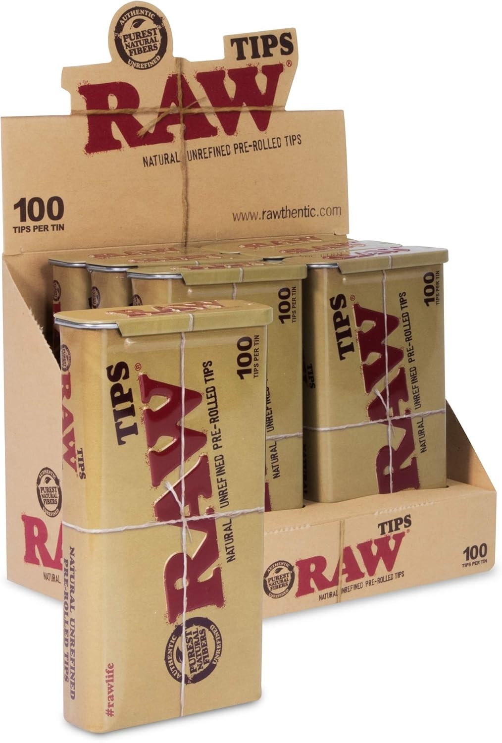RAW PRE-ROLLED TIPS WITH METAL TIN BOX OF 6 PACKS /100 TIPS PER PACK