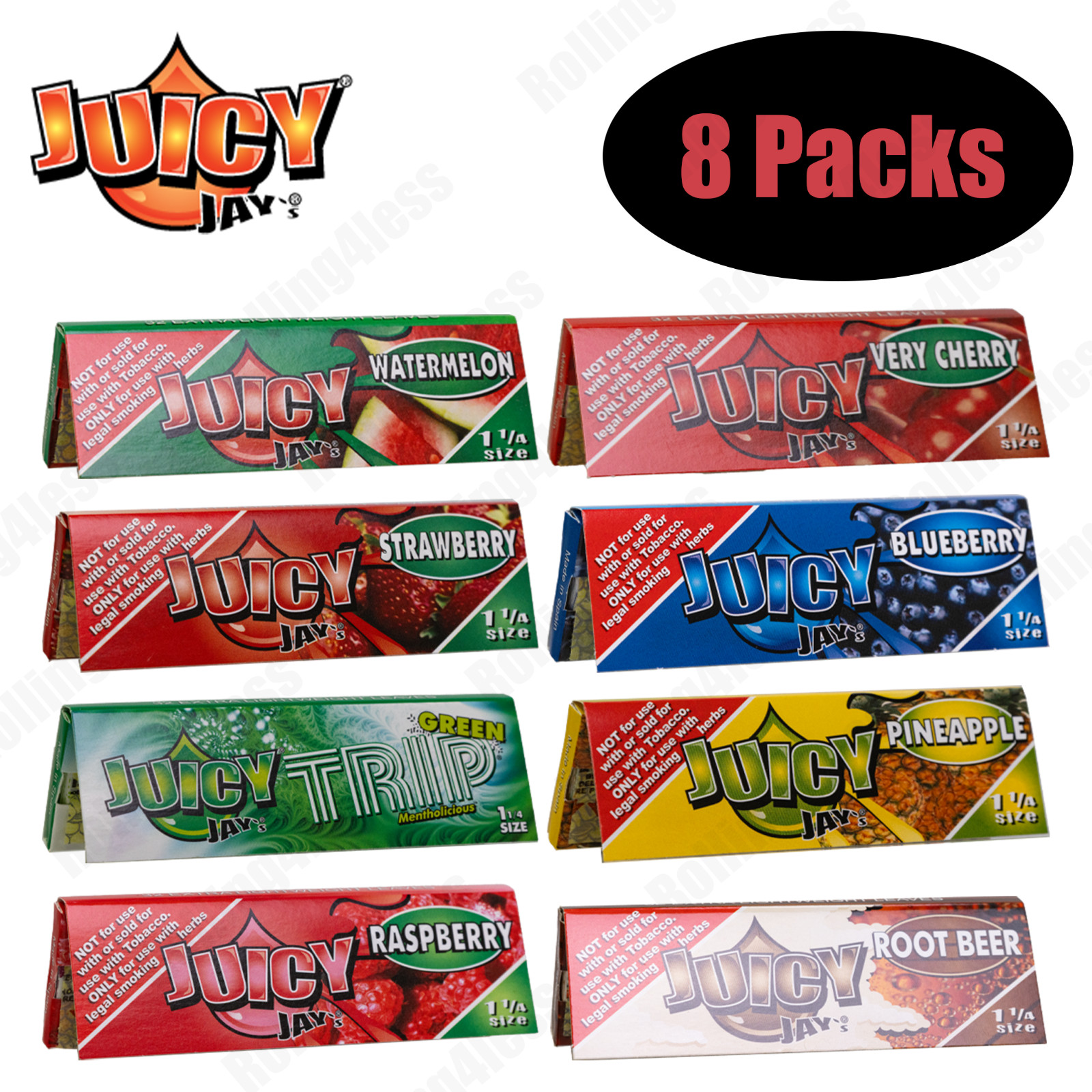 Authentic Juicy Jay’s 1 1/4 Rolling Papers Variety Combo A| 8 packs