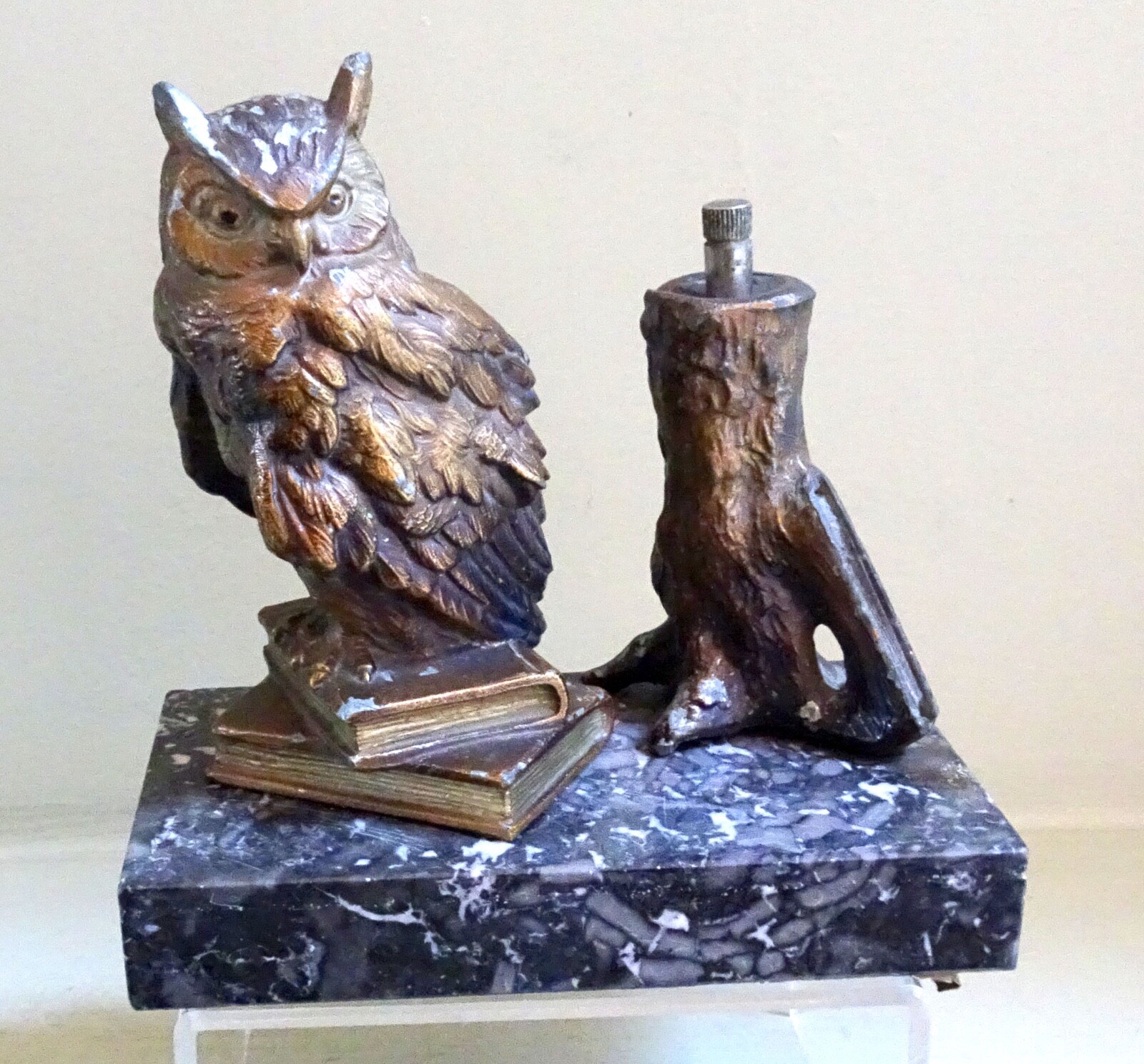 ANTIQUE COLD PAINTED OWL TABLE LIGHTER/STRIKER IN THE STYLE OF BERGMAN
