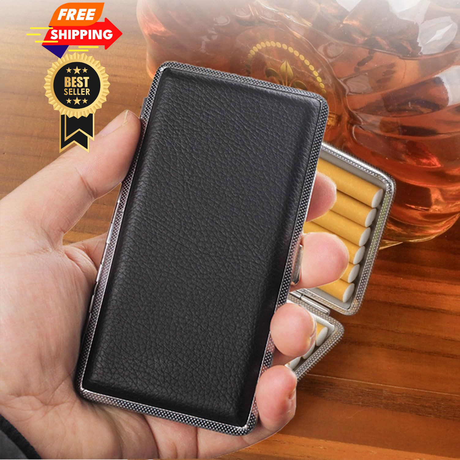 Cigarette Case Stylish Leather Surface Metal Box for 14 120mm, Black
