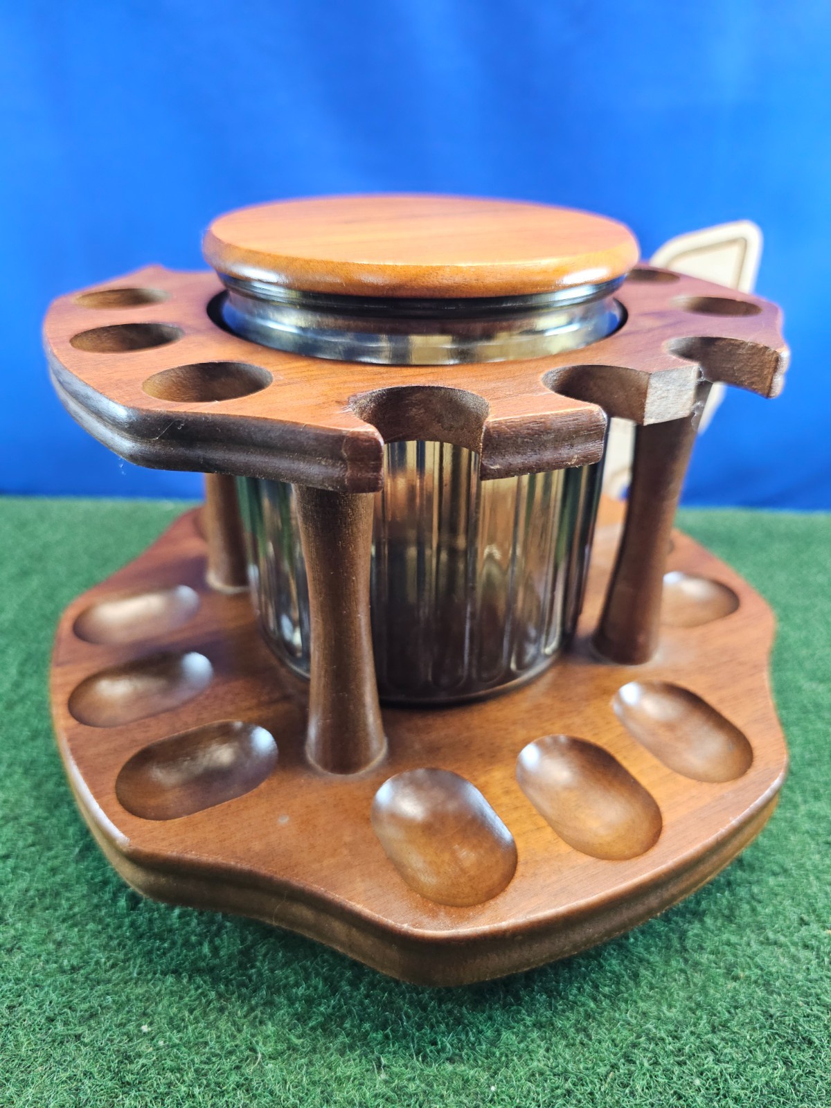 12 Pipe Spinning Wooden Smoking Pipe Rack Display With Green Glass Humidor