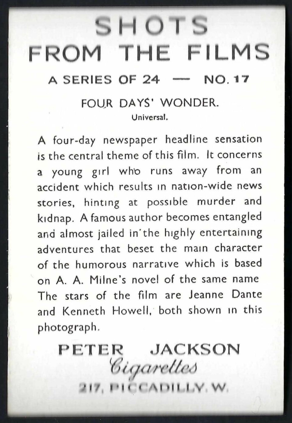 JACKSON – SHOTS FROM THE FILMS (LARGE) – #17 FOUR DAYS WONDER