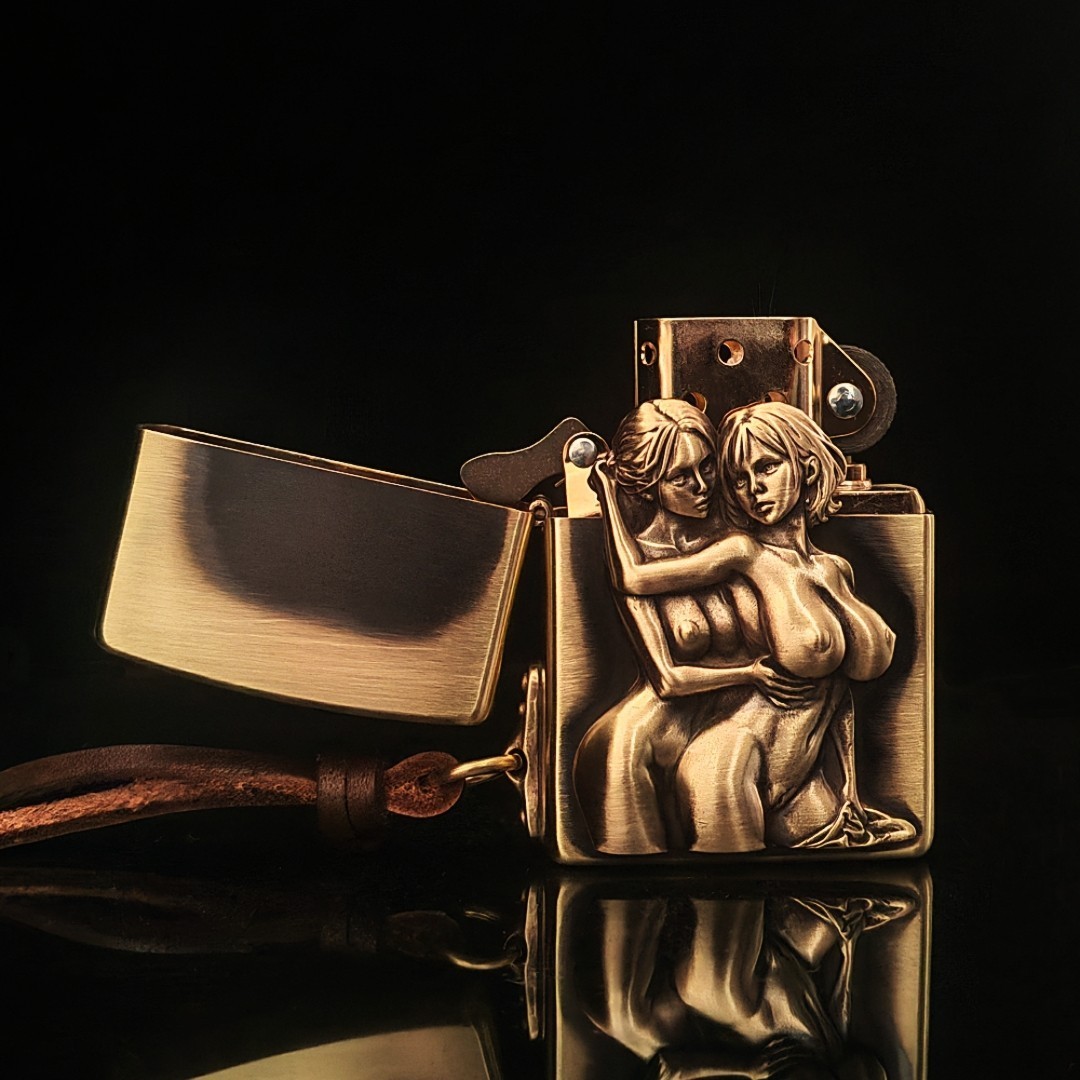 Two Girls Relief Keychain Zippo Lighter Brushed Brass Welded Emblem