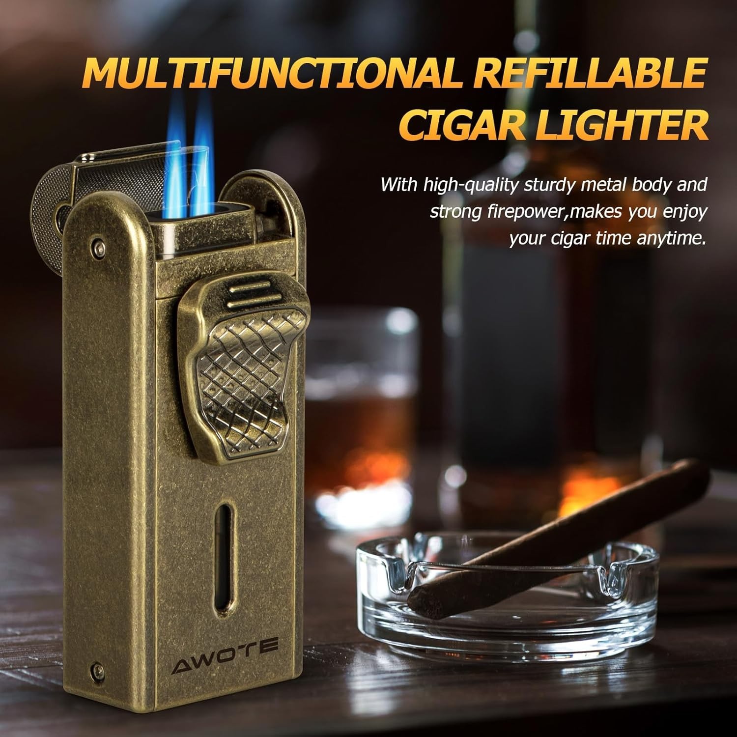 Torch Lighter with Adjustable Dual-Flame Built-in Cigar Punch Holder Cutter