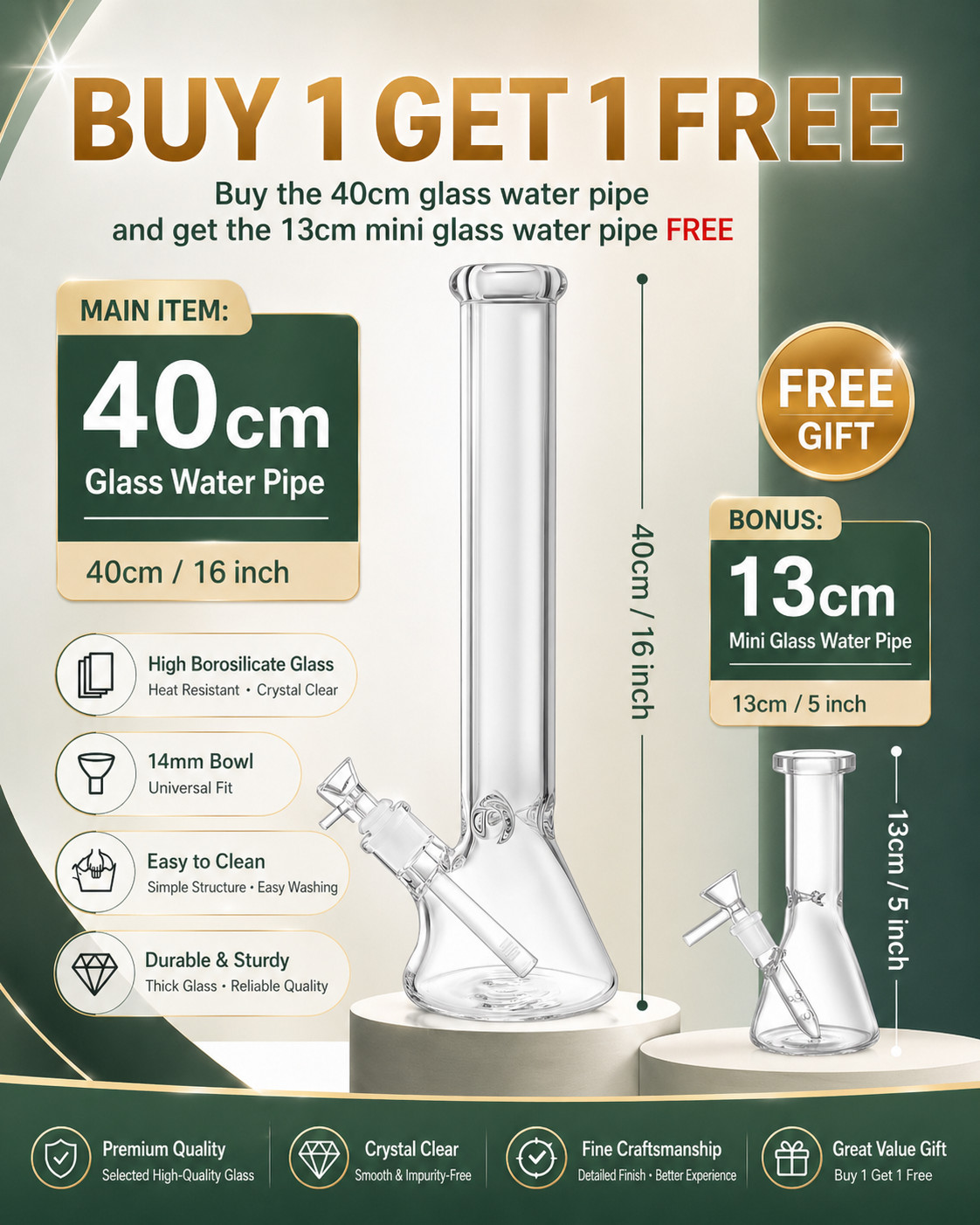 16″ Heavy 9mm Thick Glass Bong Water Pipe 14mm Bowl Beaker & Screen Free 13cm