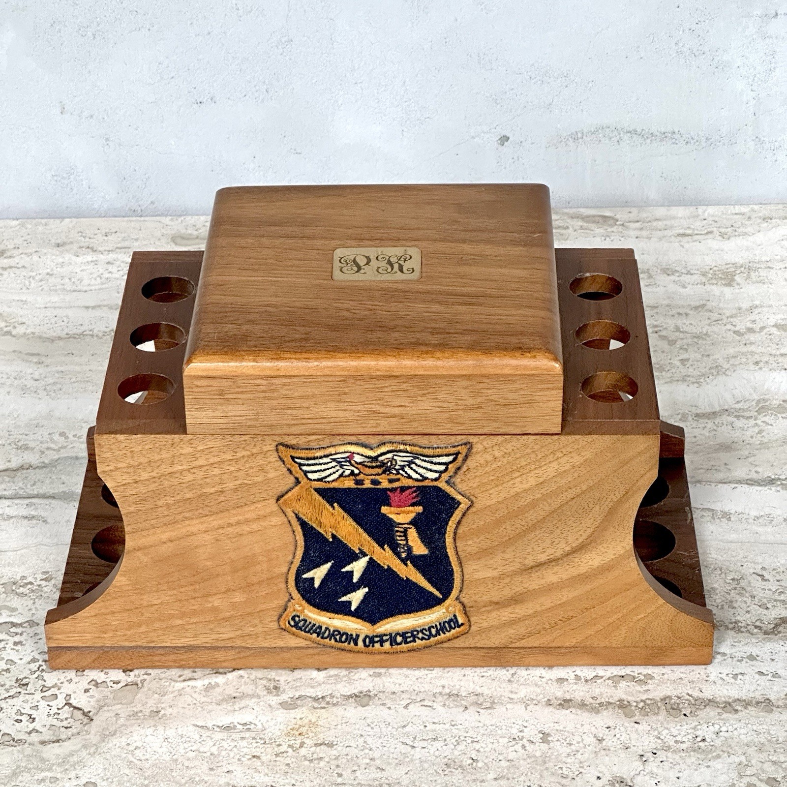 Vintage Decatur Ind. Walnut 6 Pipe Rack/Stand Humidor~Maxwell AFB SOS Patch