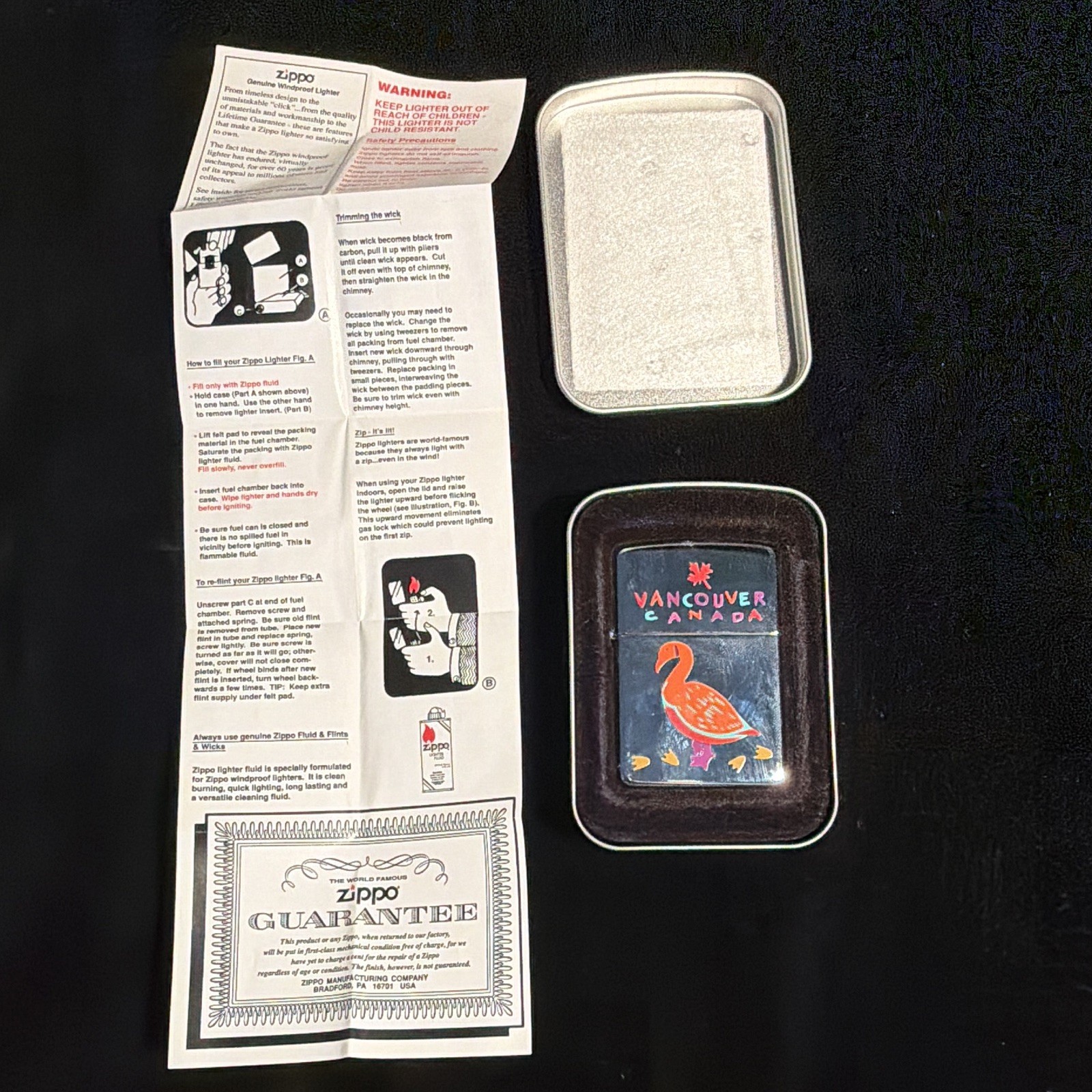 Zippo Vancouver Canada Goose Design Lighter w/ Tin Case & Guarantee Paper