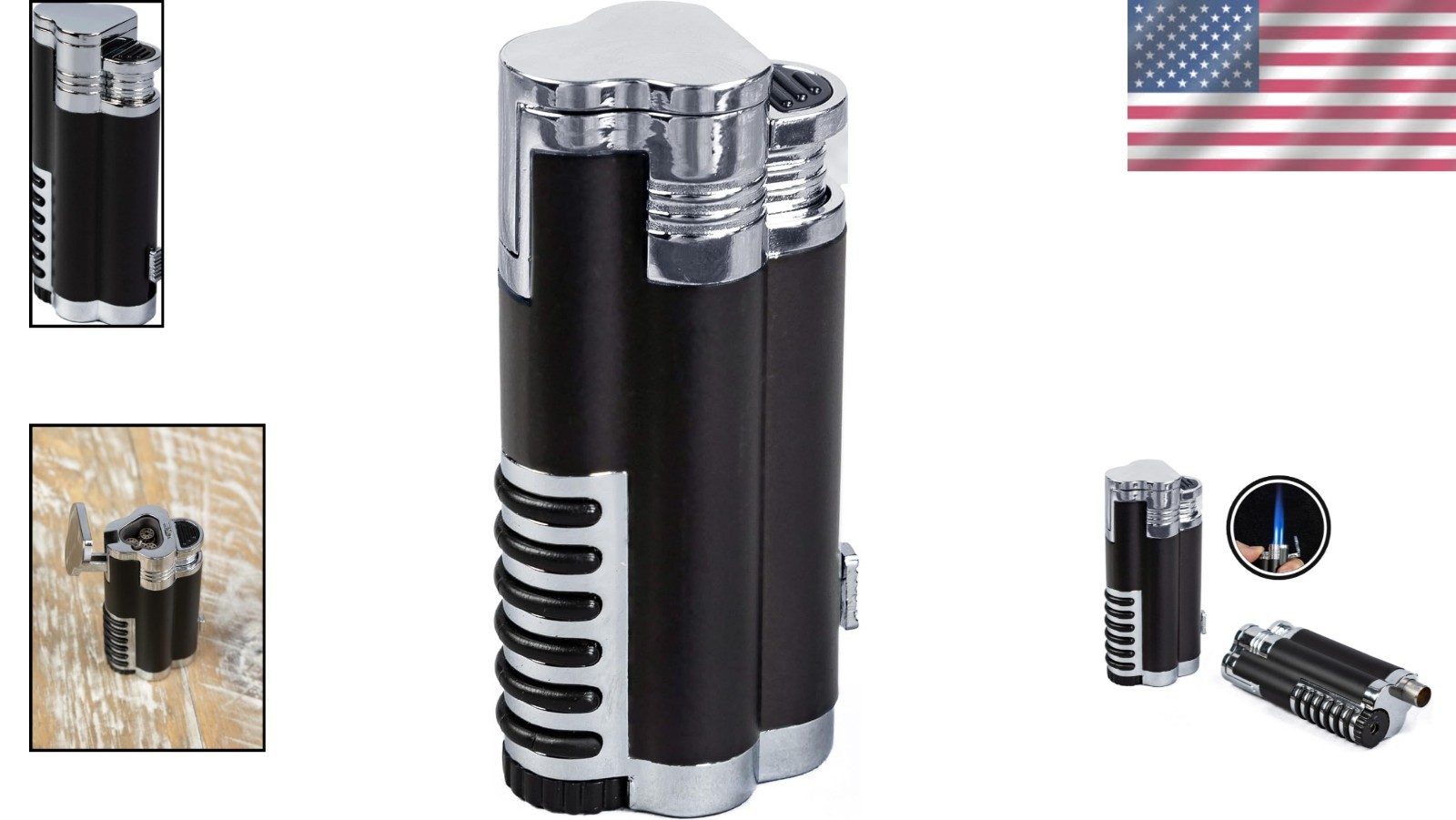 Cyclone Triple Torch Cigar Lighter with Punch Cutter – Chrome & Black Elegance