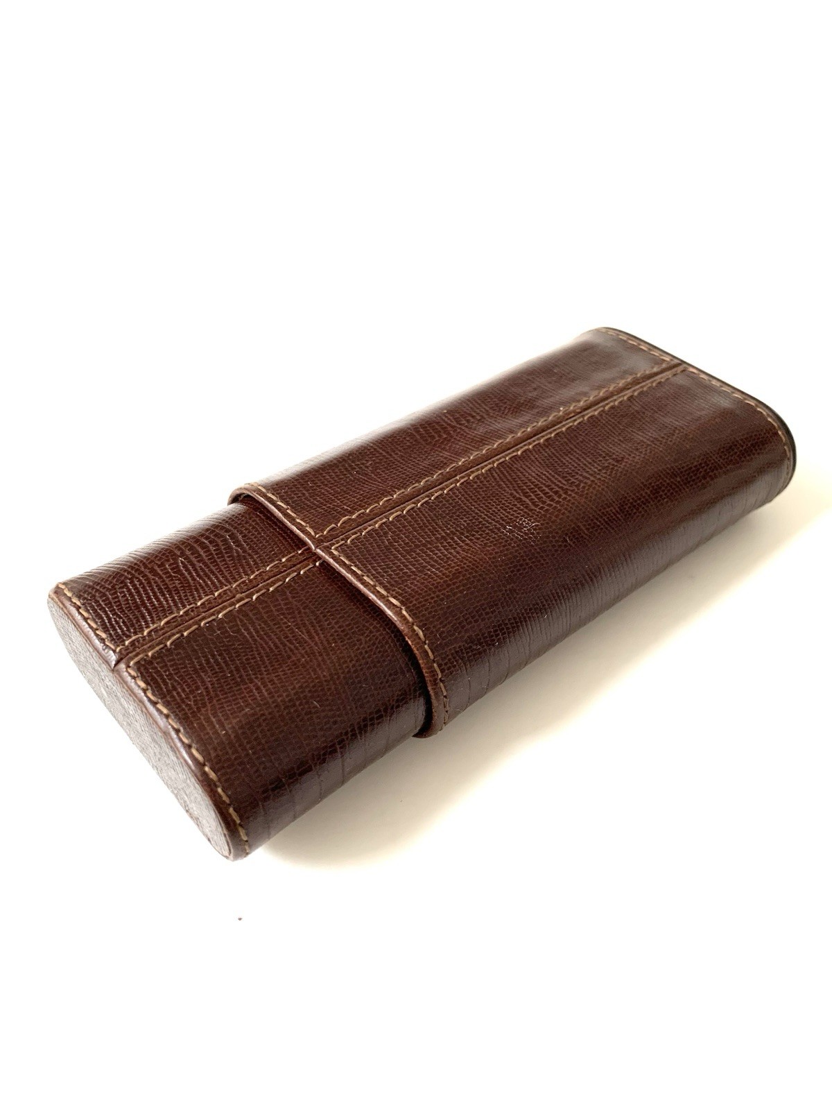 Vintage Atoll Brown Leather Cigar Case Holder Wood Lined Box Retro 3 Cigars