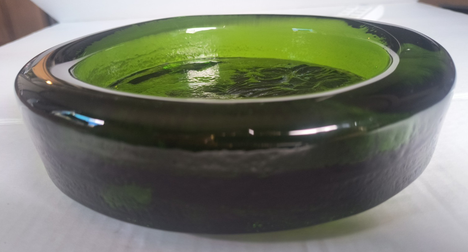 Vtg Blenko Glass Ashtray Centerpiece Round Footed Deep Forest Green Lion MCM