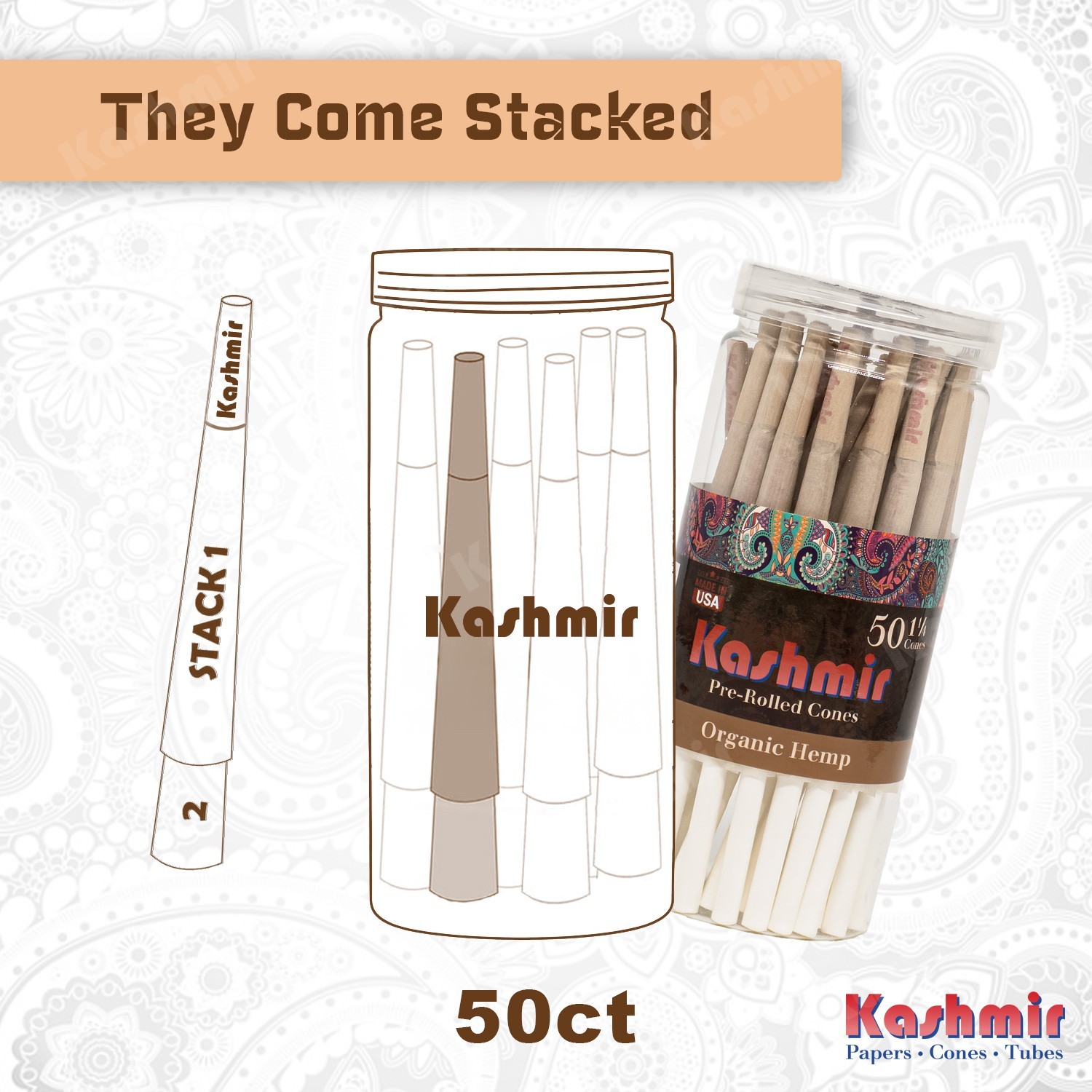 Pre Rolled Cones 1 1/4 Size Organic Slow-Burning Rolling Papers 50 Ct by Kashmir