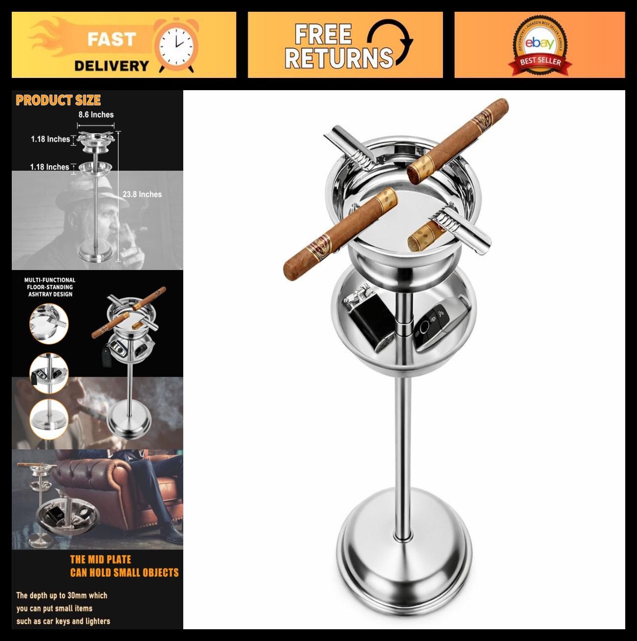 Polished Stainless Steel Floor Standing Cigar Ashtray – Indoor/Outdoor Use, Deta