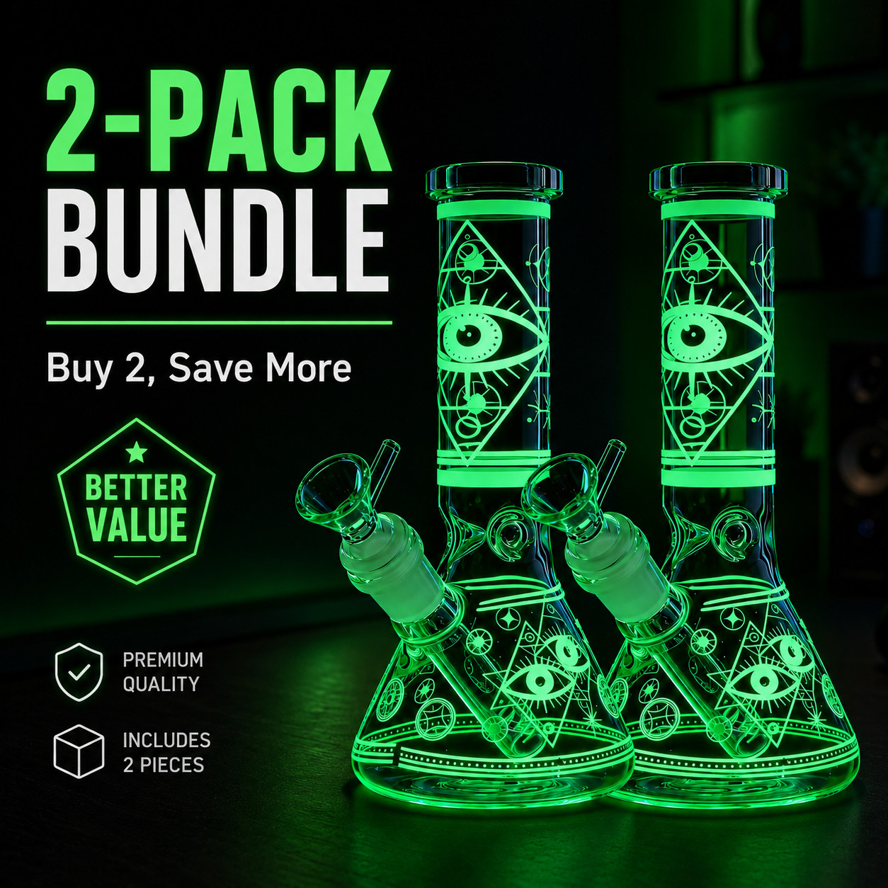2Pack 8″Eye Glow in Dark Glass Bong Water Pipe Beaker 14mm Bowl Tobacco Screen