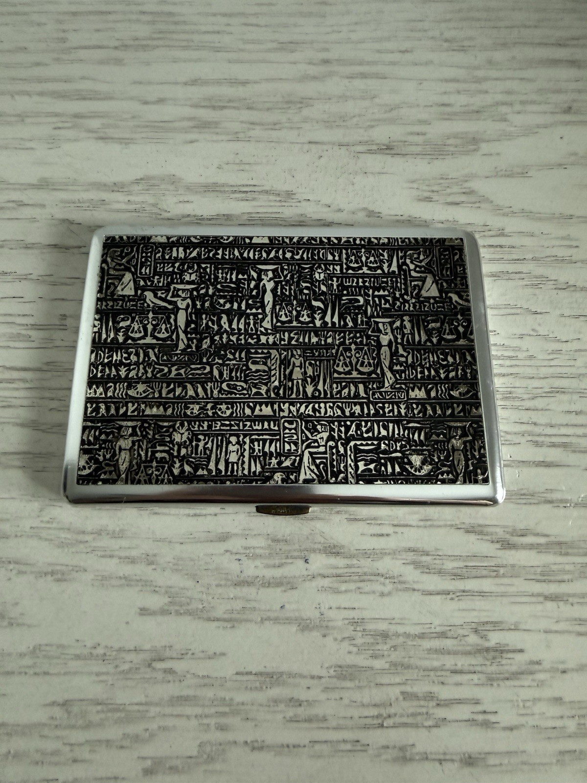 Cigarette Case Silver Egyptian Hieroglyphic Script Stainless Steel Cash ID NWOB