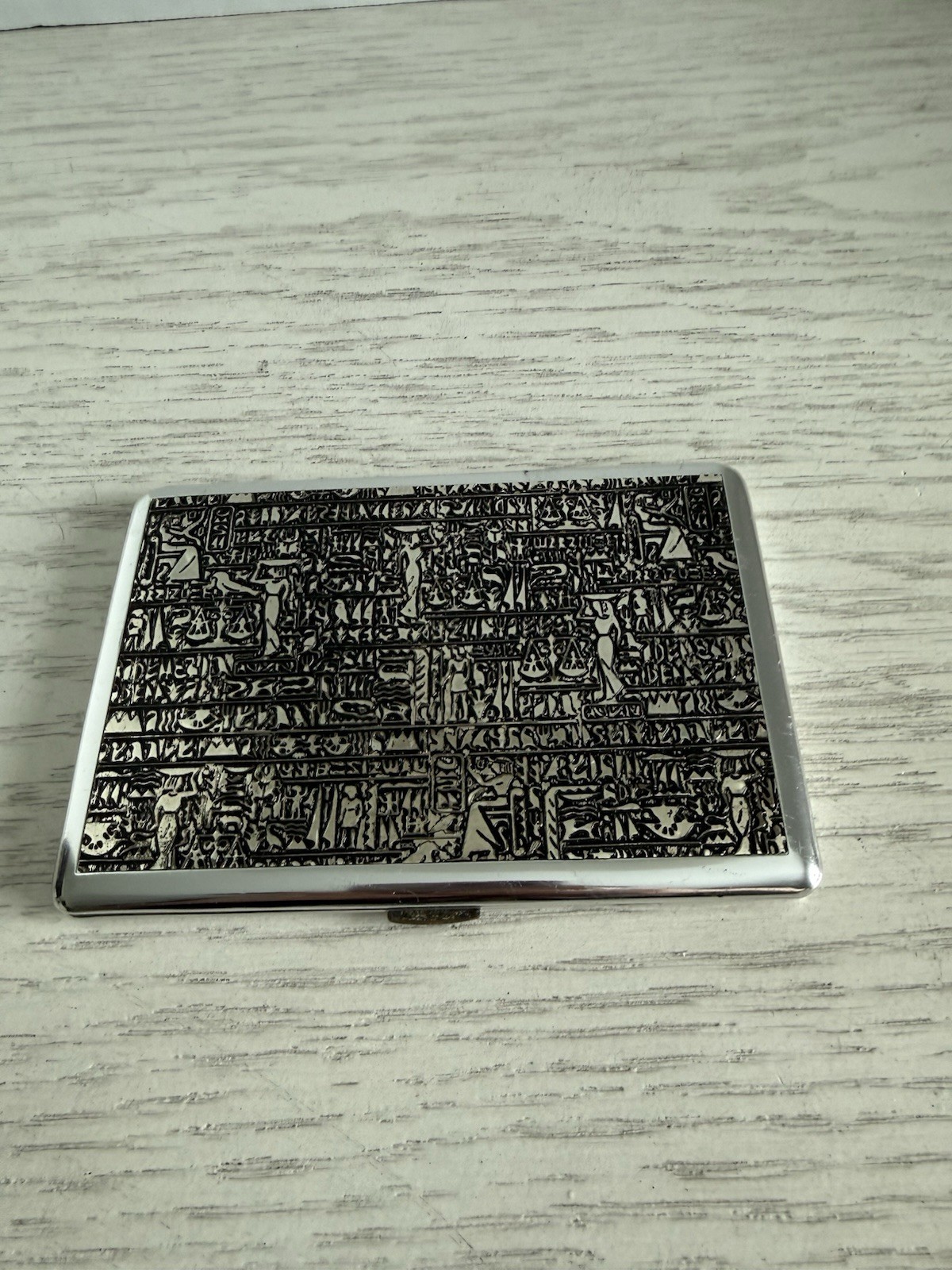 Cigarette Case Silver Egyptian Hieroglyphic Script Stainless Steel Cash ID NWOB