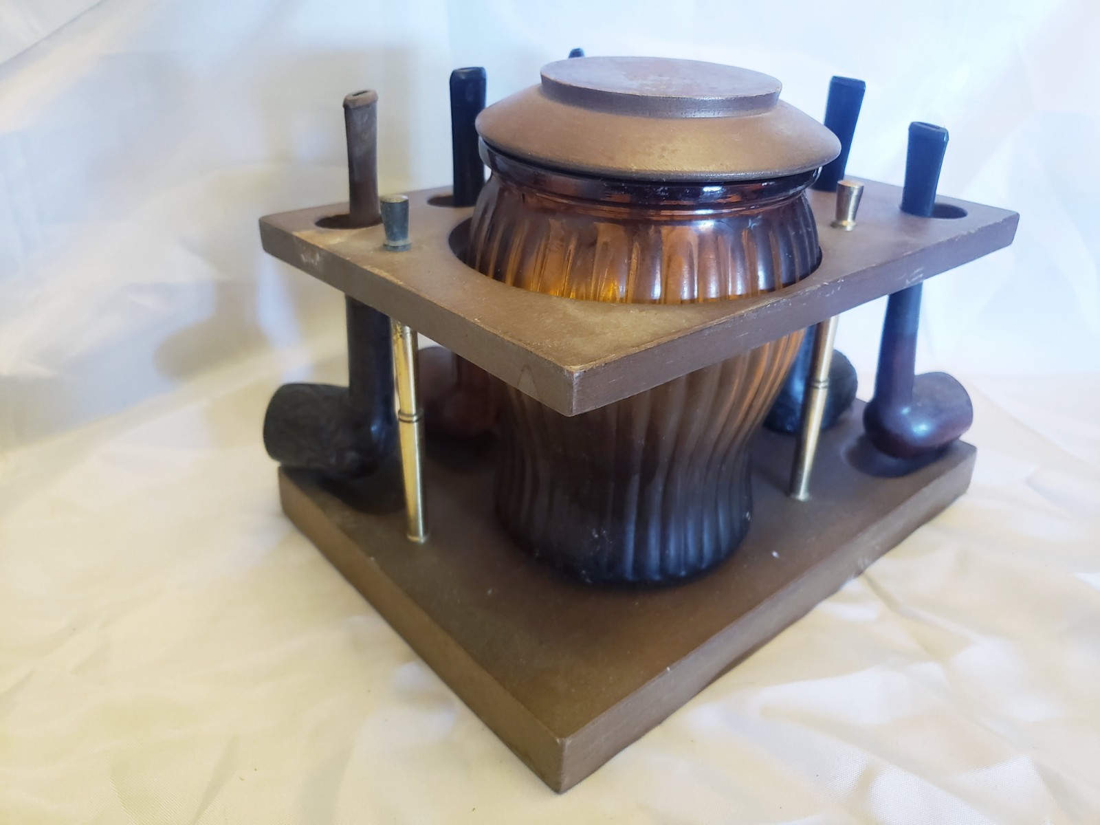 Japan Wood 7 Pipe Stand Holder Amber Glass Tobacco Jar w Humidor w 7 Pipes