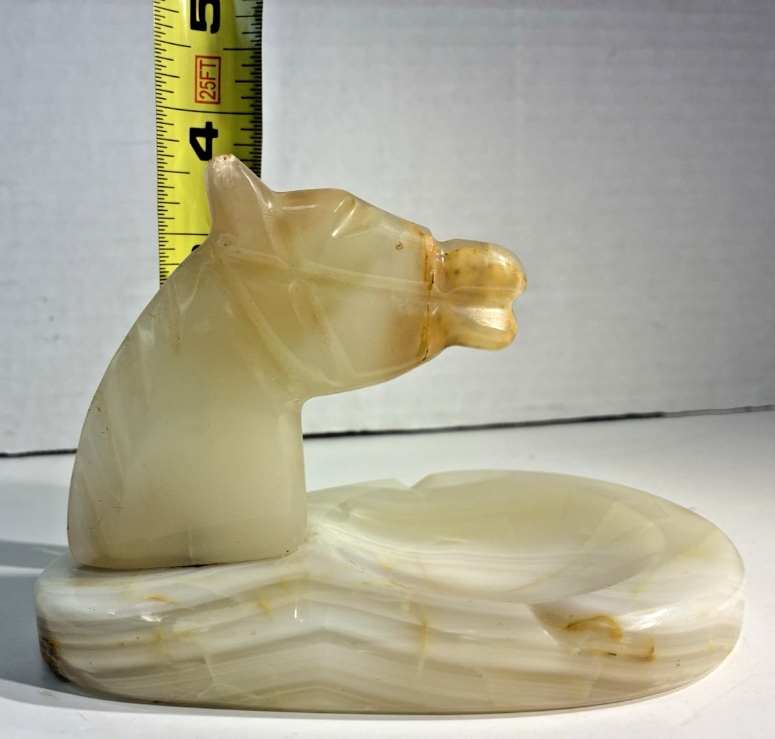 Vintage Carved Onyx Horse Head Ashtray Trinket Dish Mid Century Modern Stone