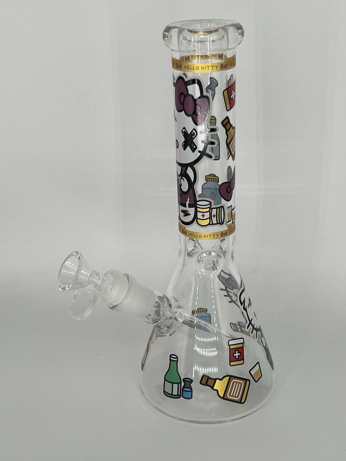 10” GLOW N DARK HELLO KITTY BONG X OVER EYE ICE CATCHER 14mm BOWL 2 FREE GIFTS