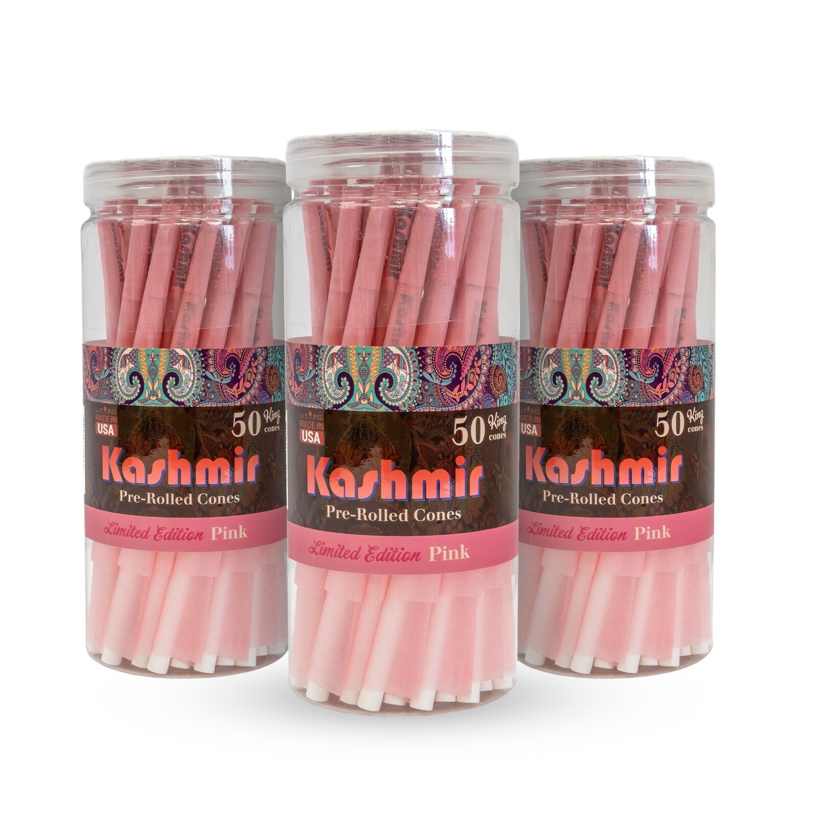 Kashmir Pre Rolled Cones King Size Pink Natural Rolling Paper Cones 3 Jars of 50