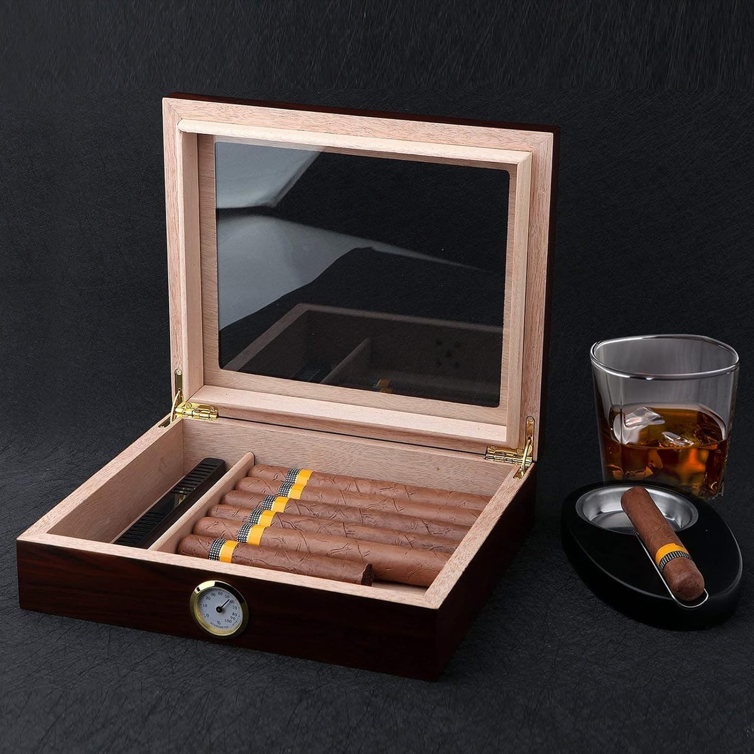 Luxurious Cedar Cigar Desktop Humidor – Holds 25 Cigars with Rich Walnut Finish