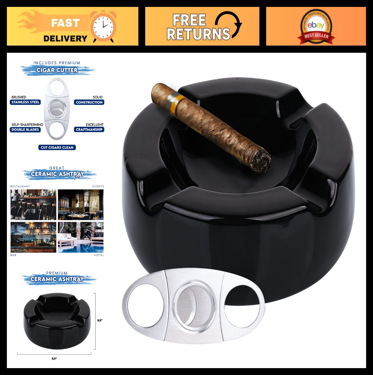 Large 8.5″ Glossy Black Ceramic Cigar Ashtray – Indoor/Outdoor Patio Accessory G