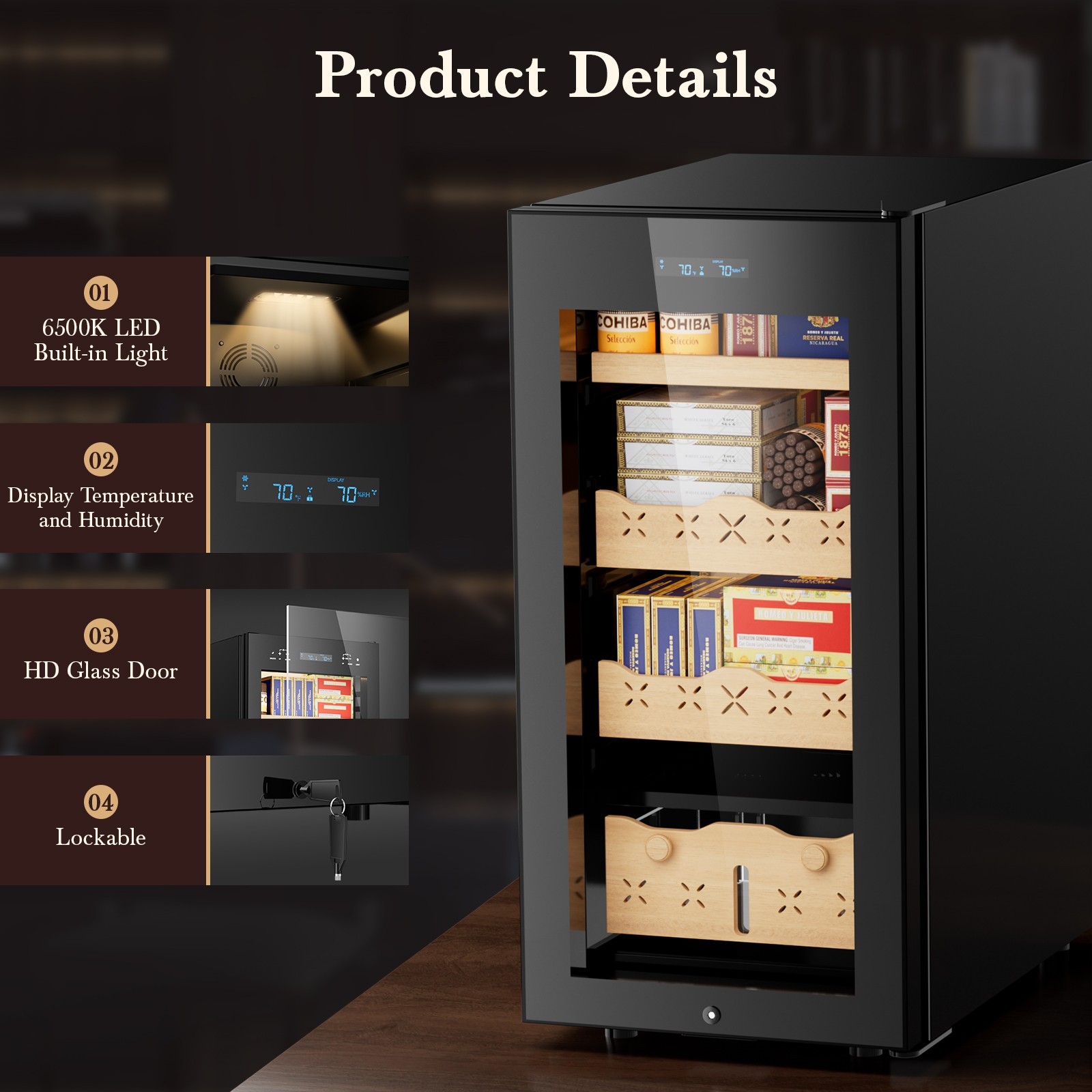 Electric Cigar Humidor 85L Cigar Cabinet, 700 Cigars Spanish Cedar Wood Shelves
