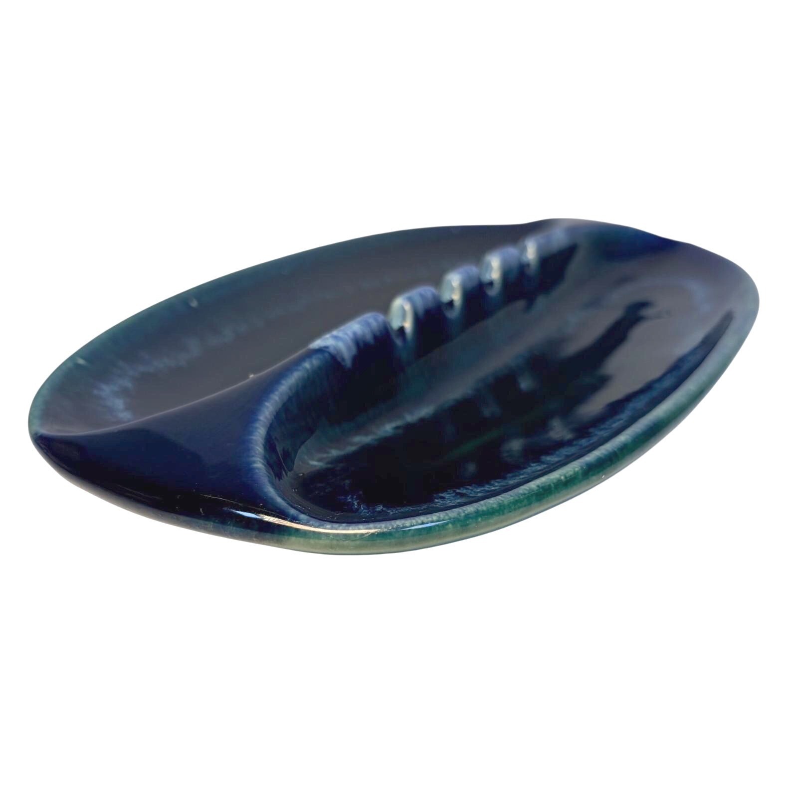 VTG MCM Drip Glaze Ashtray Blue Green USA Pottery Lg Oval Hull McCoy Style CHIP