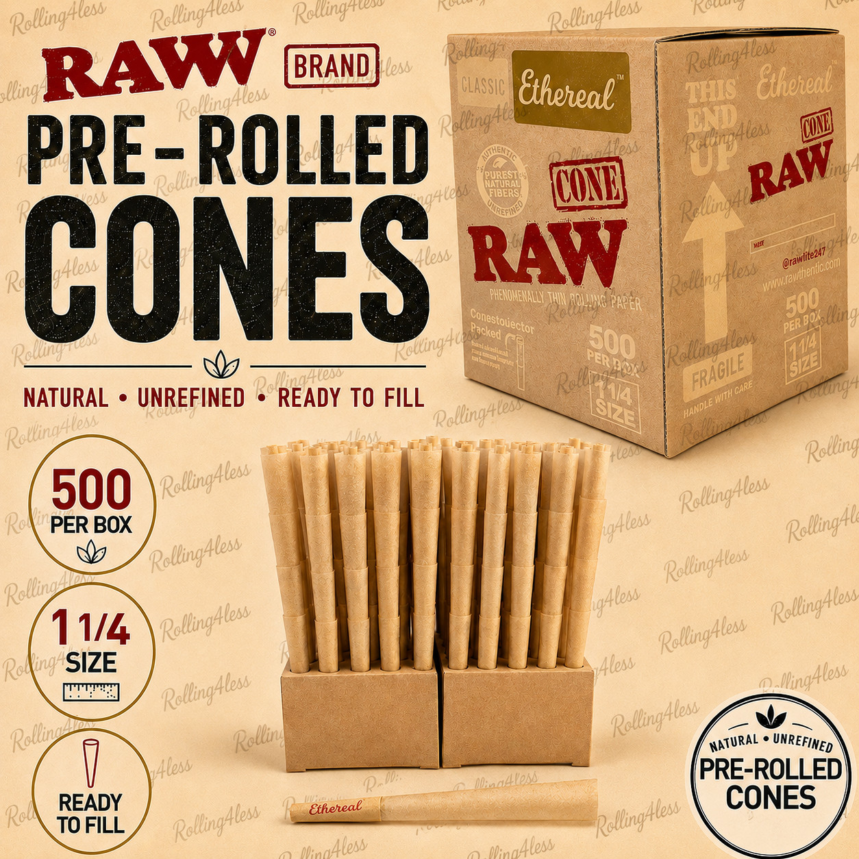 Raw Ethereal 1 1/4 Size Pre-Rolled Cone Authentic | Box of 500CT