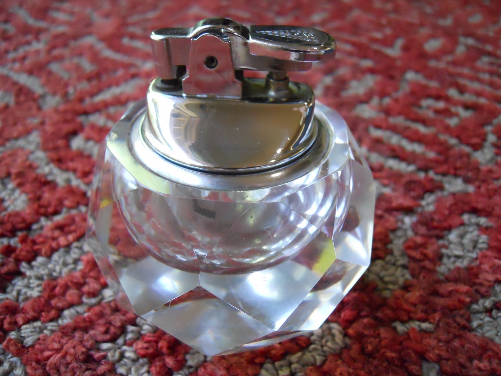 Vintage Heavy Clear Crystal Cut Glass Gas Table Lighter, Chrome Top. Japan.