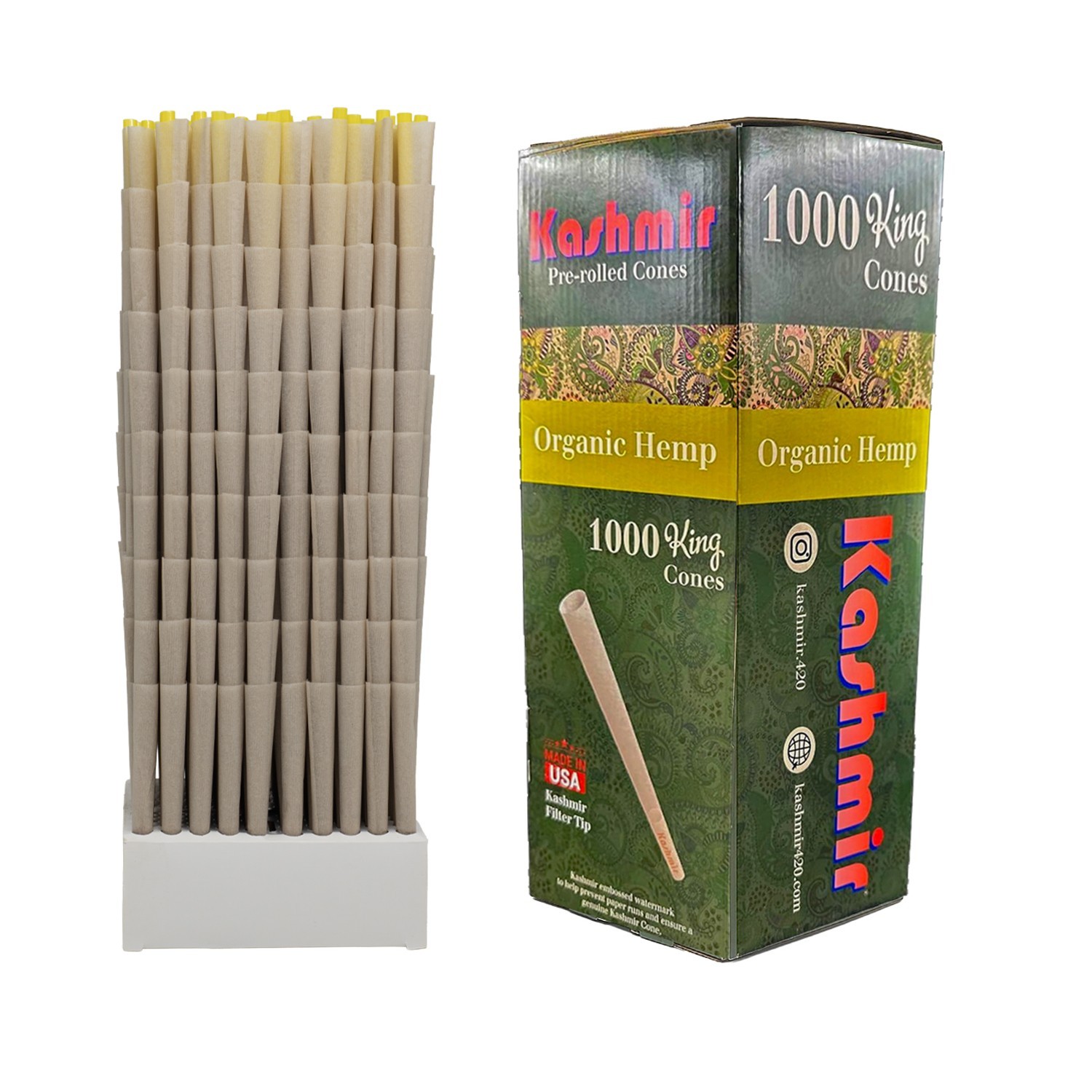 Kashmir Pre Rolled Cones King Size Organic Rolling Papers Bulk Pack: 1000 Cones