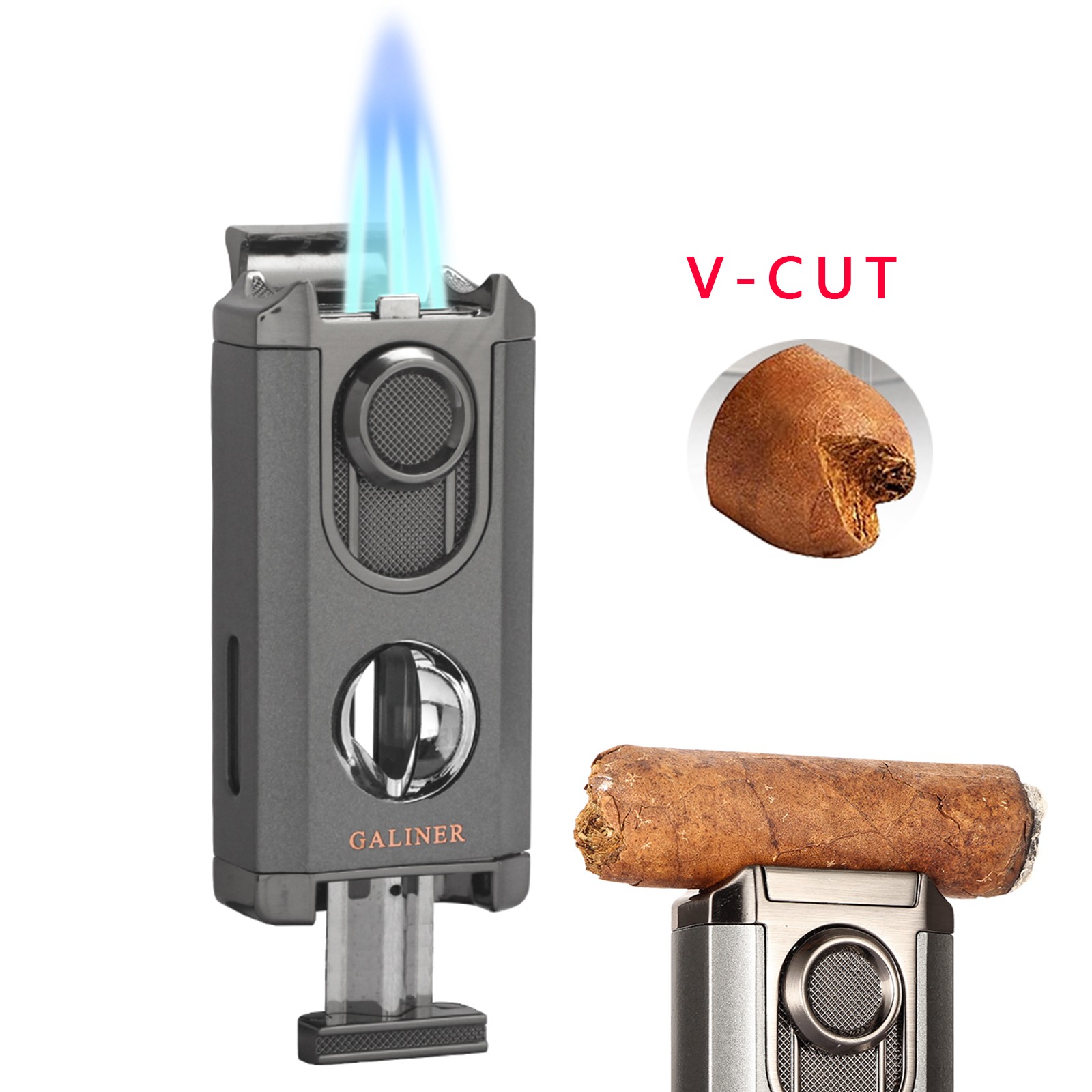 Galiner Travel Cigar 3 Jet Flame Torch Lighter Stainless V-Cutter Punch Gift