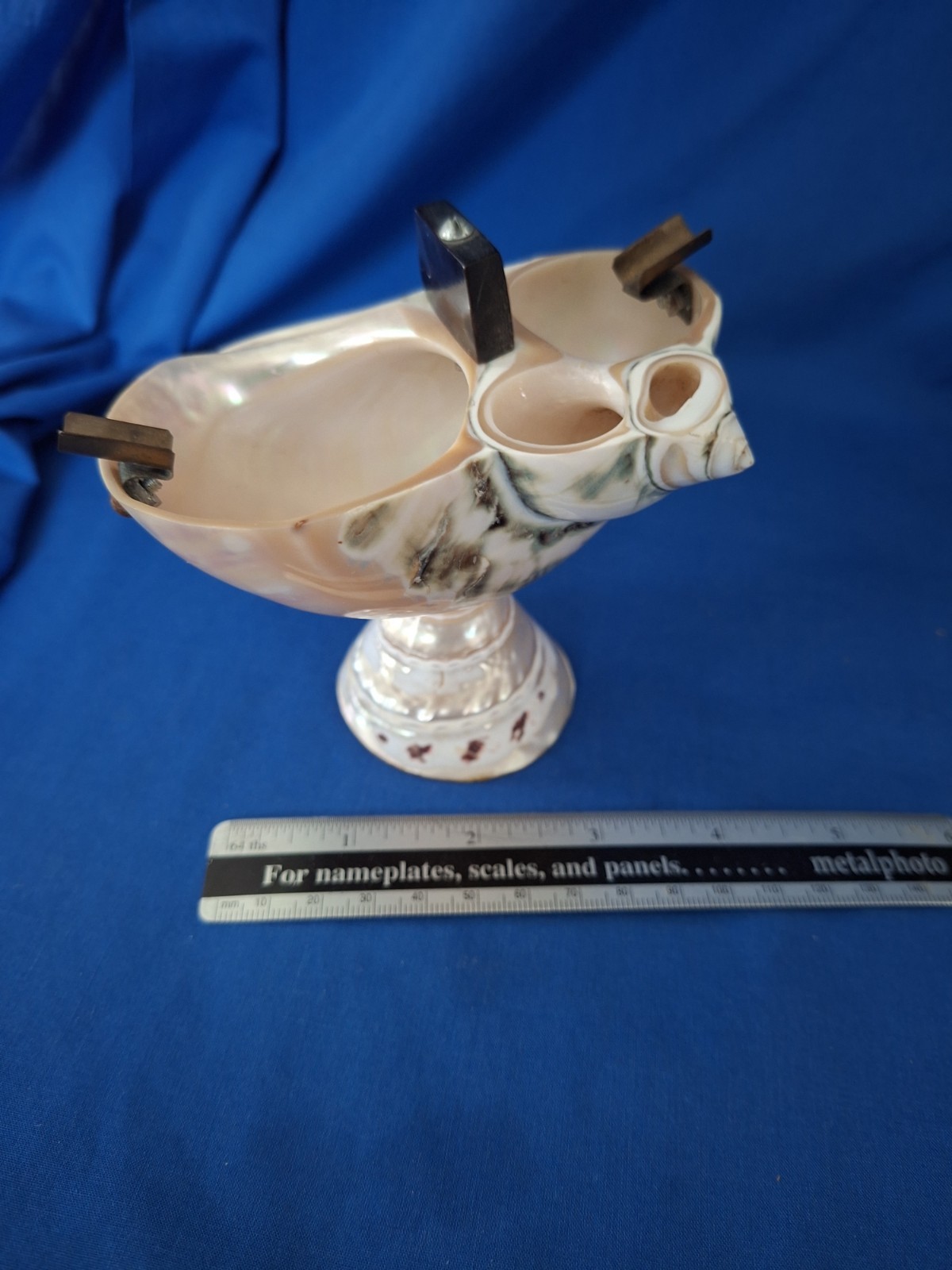 Vintage Carved Mother Of Pearl Nautilus Shell Ashtray Match Holder c1930’s