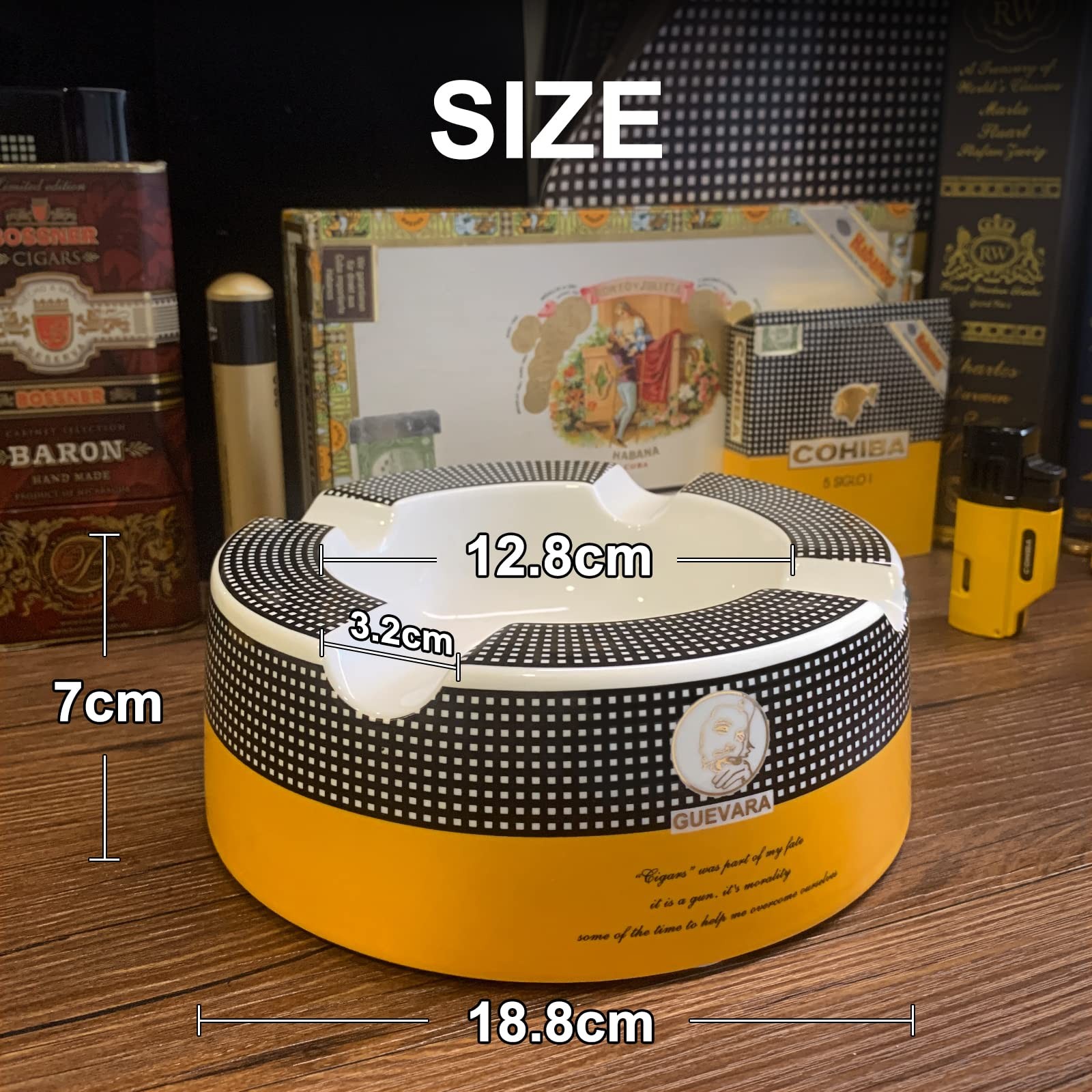 GUEVARA Cigar Ashtray Big Ash trays for 8″ Round Cigarettes Large Res – yellow-2