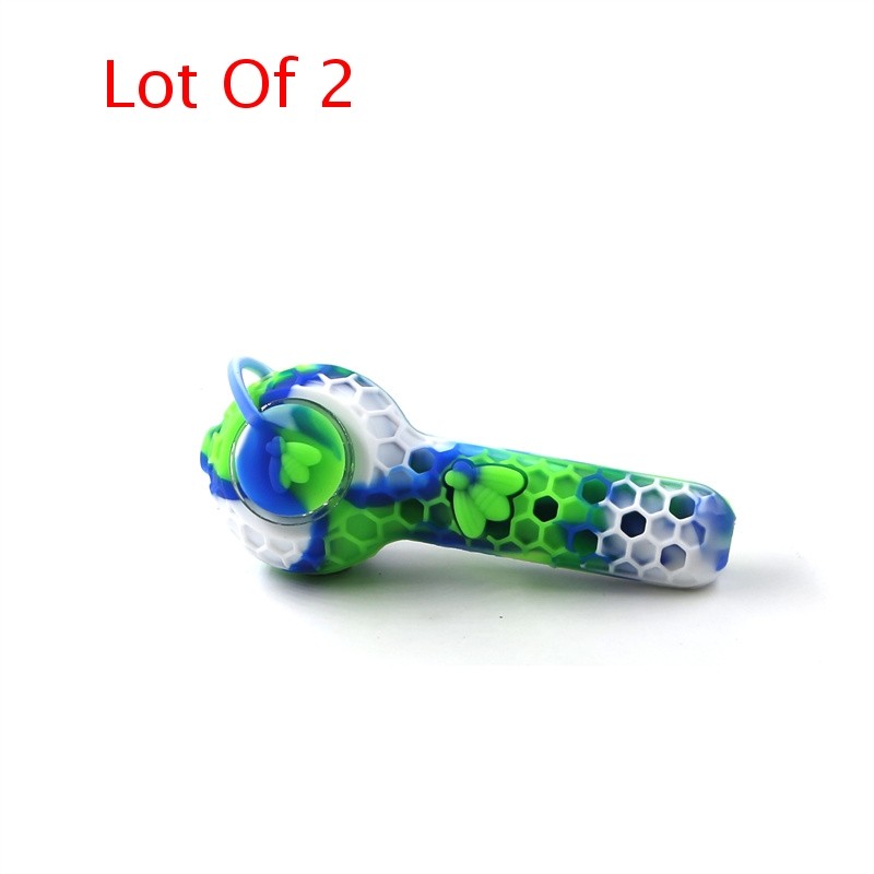 2PCS Portable Random Color Honeycomb Silicone Pipe with Glass Bowl and Cap